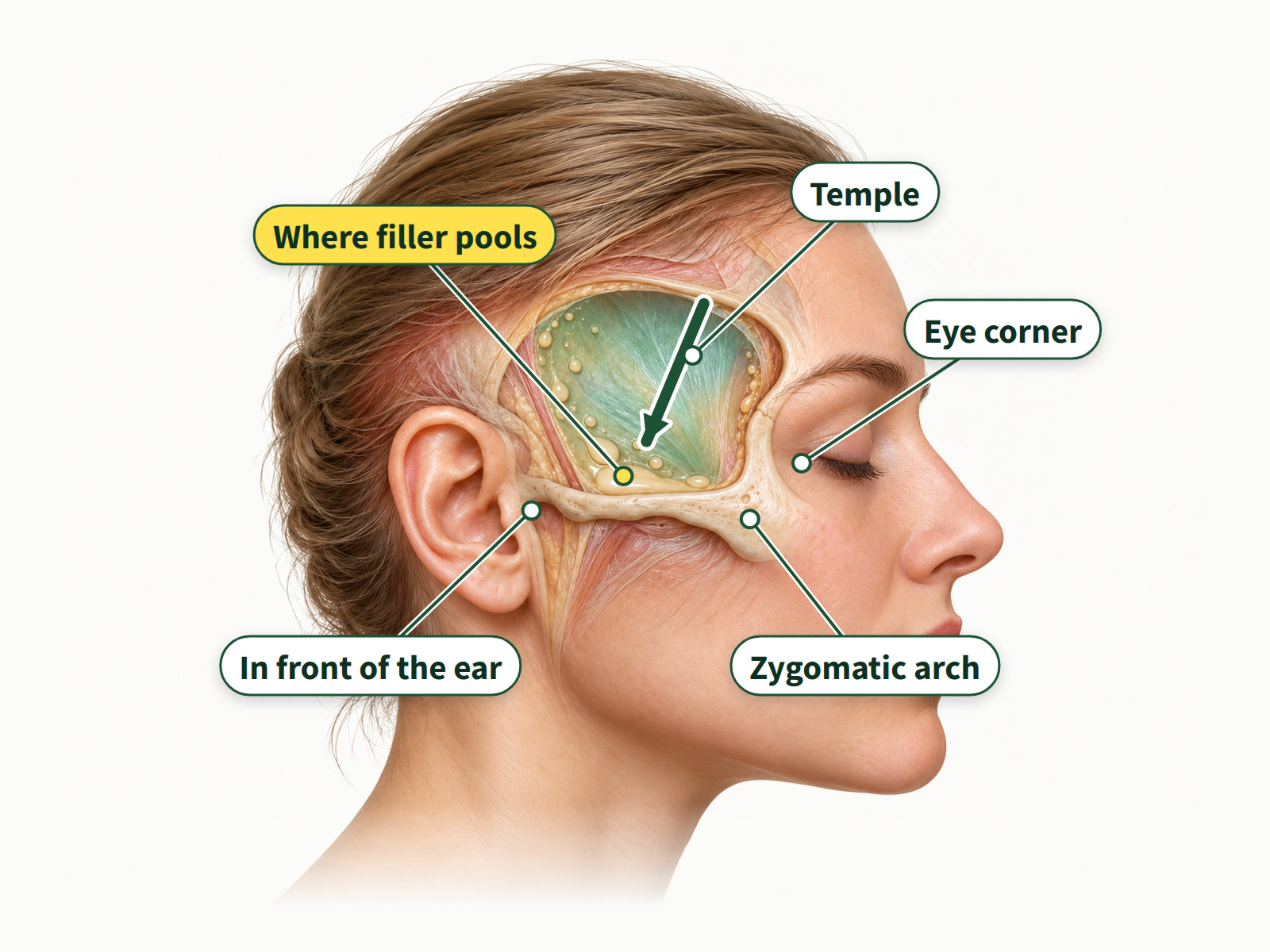 Illustration: the temple is shaped like a bowl. The bottom lies above the zygomatic arch, from beside the eye corner back to the front of the ear, and filler gathers there.