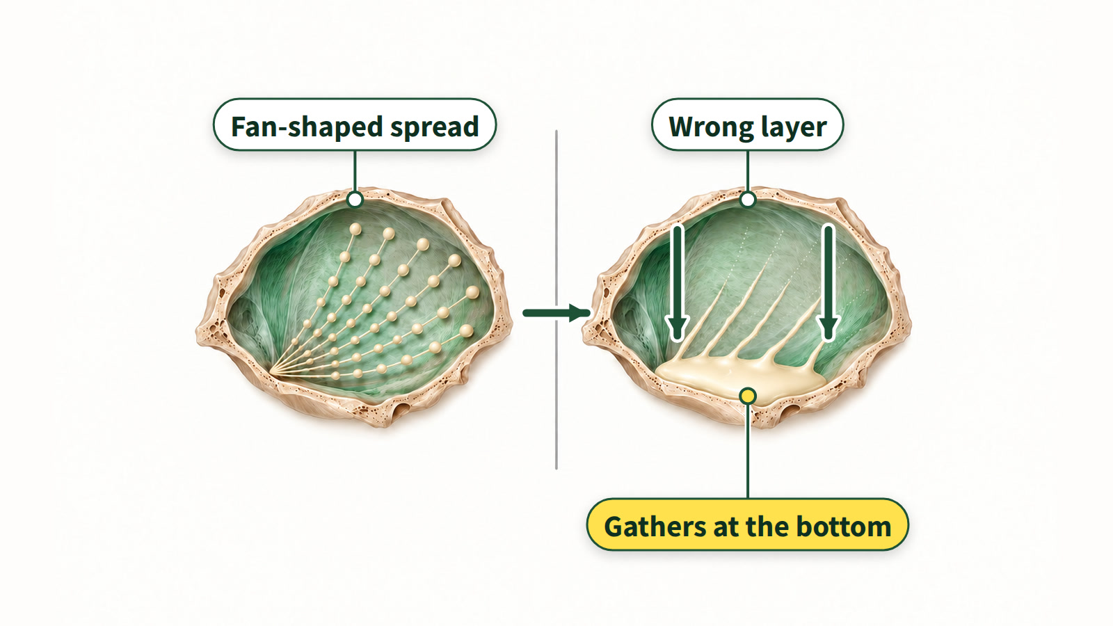 Illustration: on the left, a fan-shaped injection spreads evenly across a plane; on the right, the same fan in the wrong layer gathers at the bottom of the bowl over time.