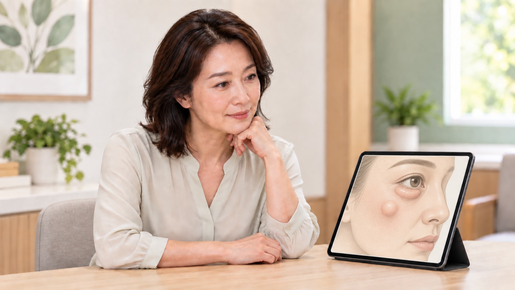 諮詢情境示意：平板呈現臉部局部凸起的輪廓。