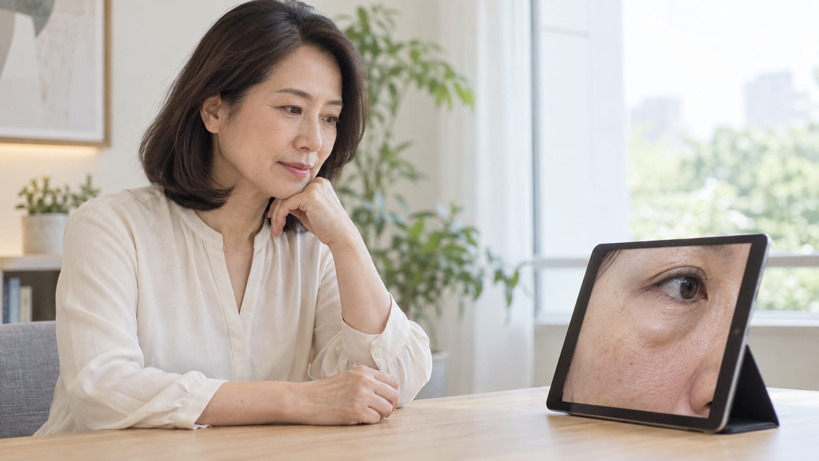 諮詢情境示意：平板呈現臉部局部凸起的輪廓。