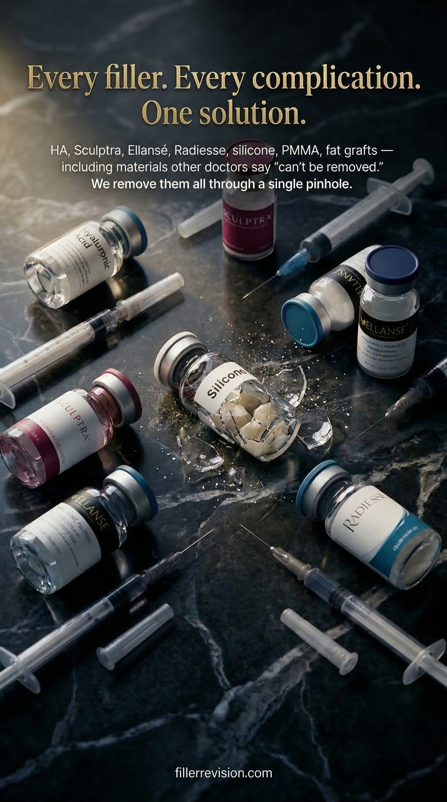 Every filler. Every complication. One solution. — HA, Sculptra, Ellanse, Radiesse, silicone, PMMA, fat grafts — including materials other doctors say "can't be removed."