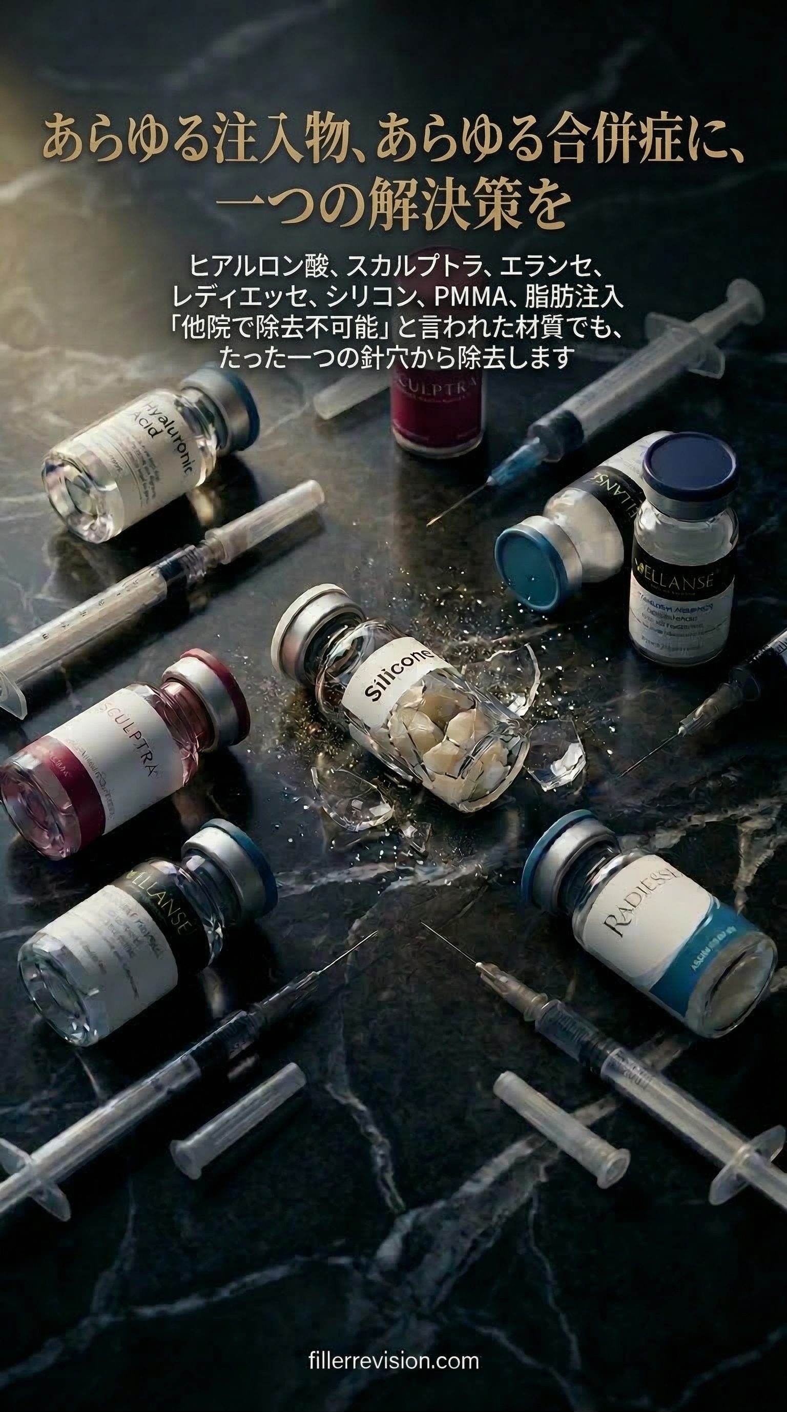 ヒアルロン酸以外の注入物も、摘出を検討できます — ヒアルロン酸、スカルプトラ、エランセ、レディエッセ、シリコン、PMMA、ポリアクリルアミドゲル(PAAG)、脂肪注入。まず超音波で材料と位置を確認し、どこまで摘出できるかを判断します。