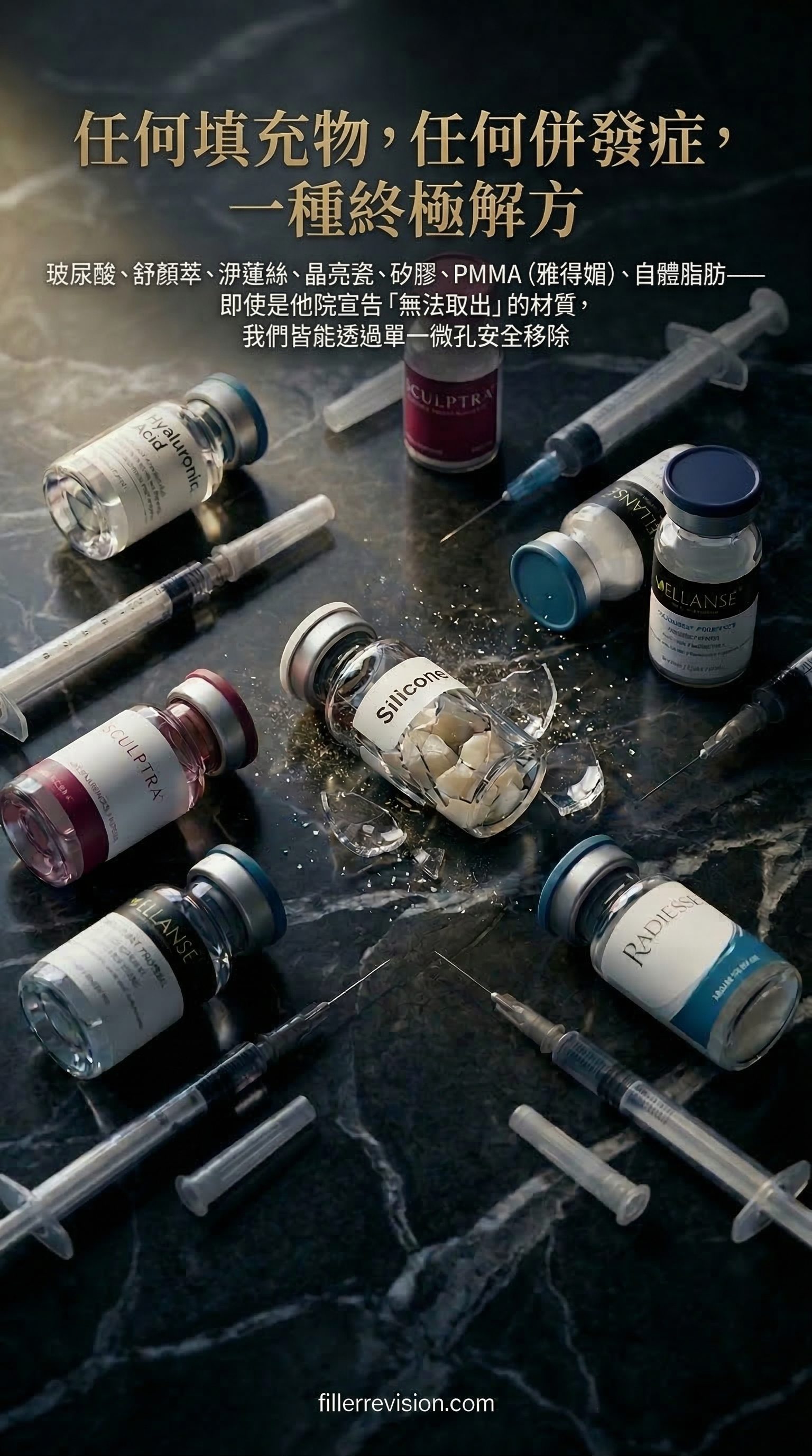 不只玻尿酸,其他填充物也能評估取出 — 玻尿酸、舒顏萃、洢蓮絲、晶亮瓷、矽膠、PMMA、奧美定(聚丙烯醯胺水膠)、自體脂肪——先用超音波確認材質與位置,再評估能取出到什麼程度。