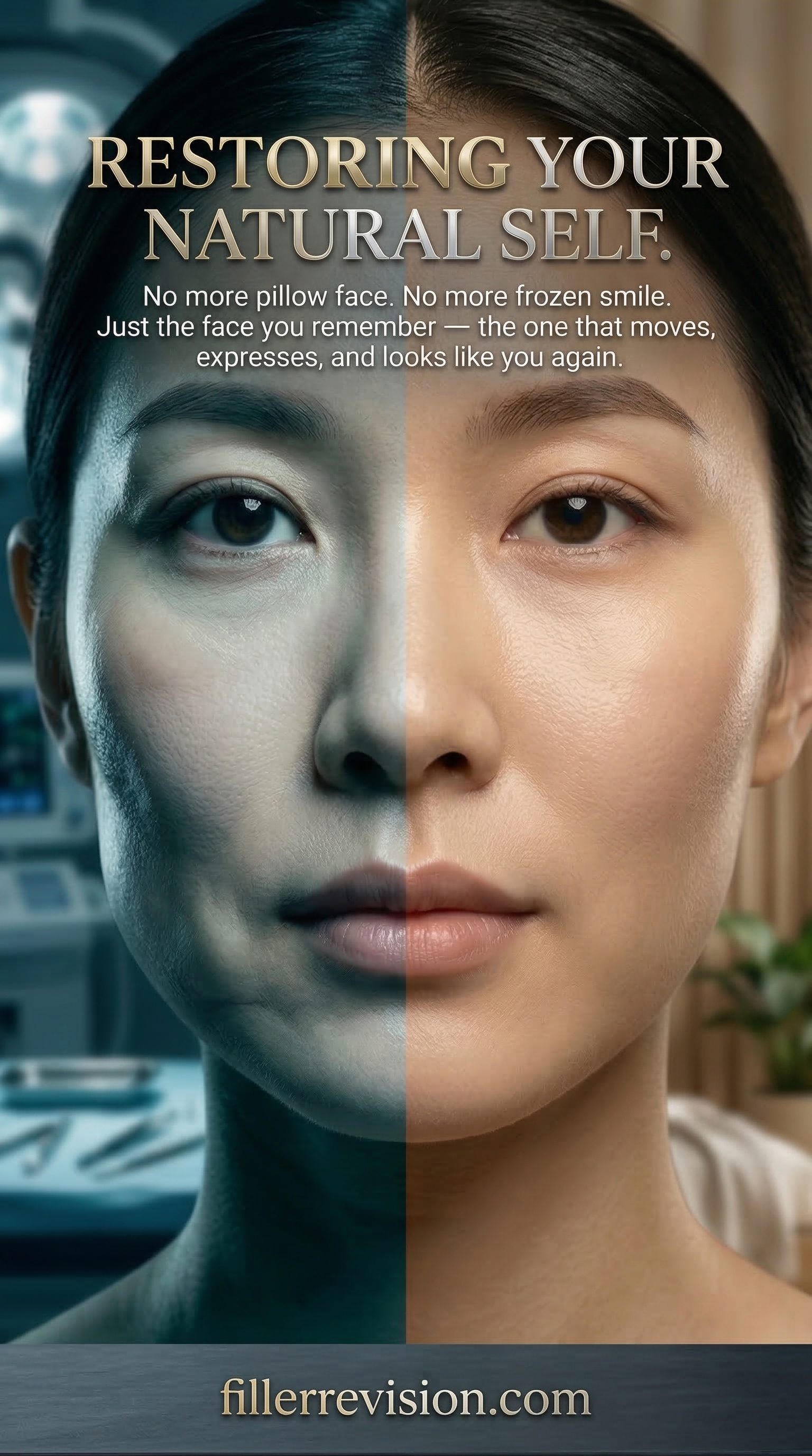 Restoring your natural self. — No more pillow face. No more frozen smile. Just the face you remember — the one that moves, expresses, and looks like you again.