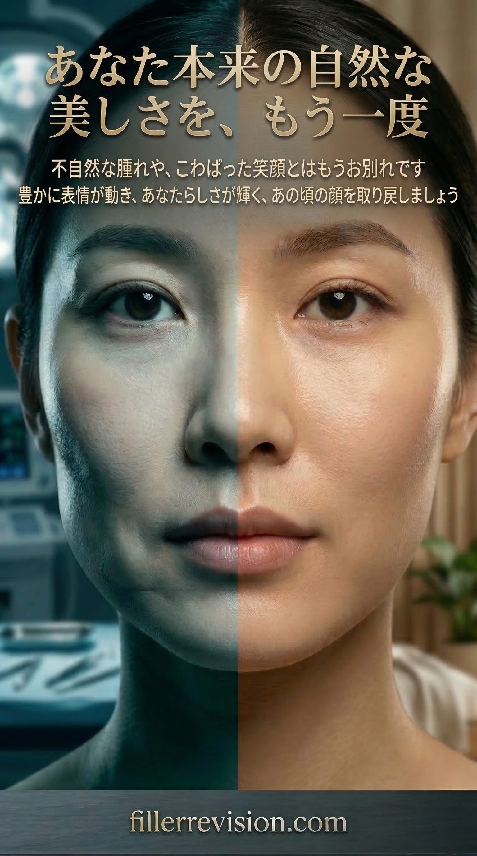 あなた本来の自然な美しさを、もう一度 — 不自然な腫れや、こわばった笑顔とはもうお別れです。豊かに表情が動き、あなたらしさが輝く顔を取り戻しましょう。