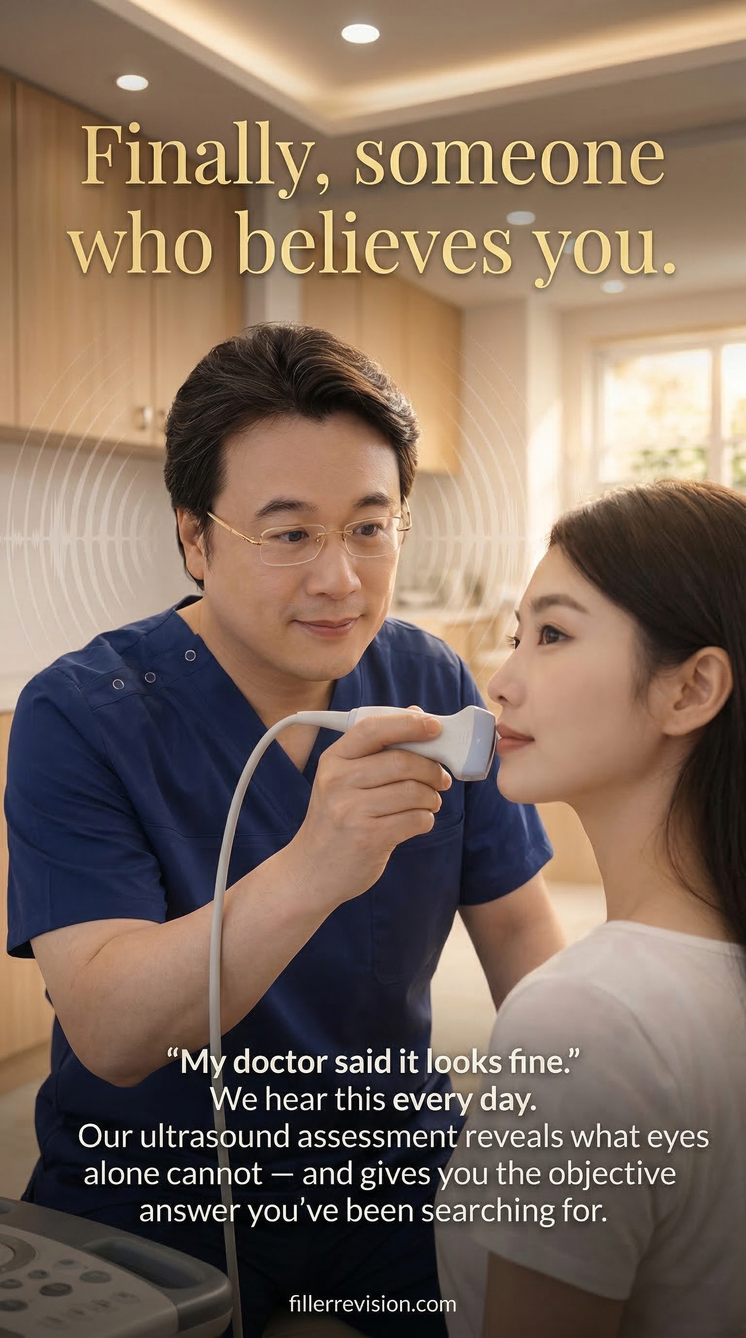 Finally, someone who believes you. — "It looks fine" — yet you can still feel it. Ultrasound can show where filler sits and what state it is in, even when nothing shows from the outside.