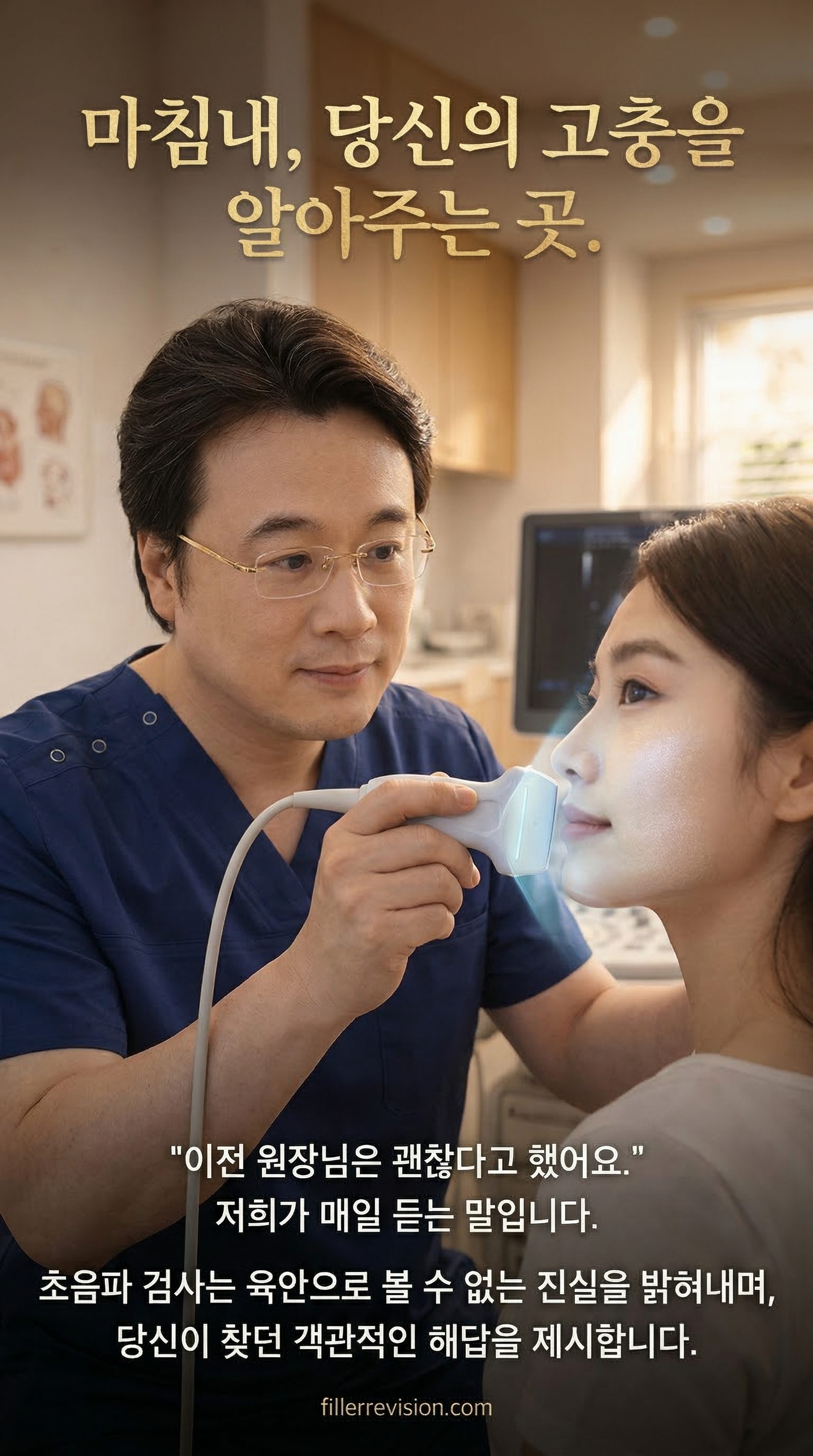 마침내, 당신의 고충을 알아주는 곳. — "겉보기엔 괜찮다"는 말을 들어도, 만져지고 느껴집니다. 초음파로는 겉으로 보이지 않는 필러의 위치와 상태를 확인할 수 있습니다.