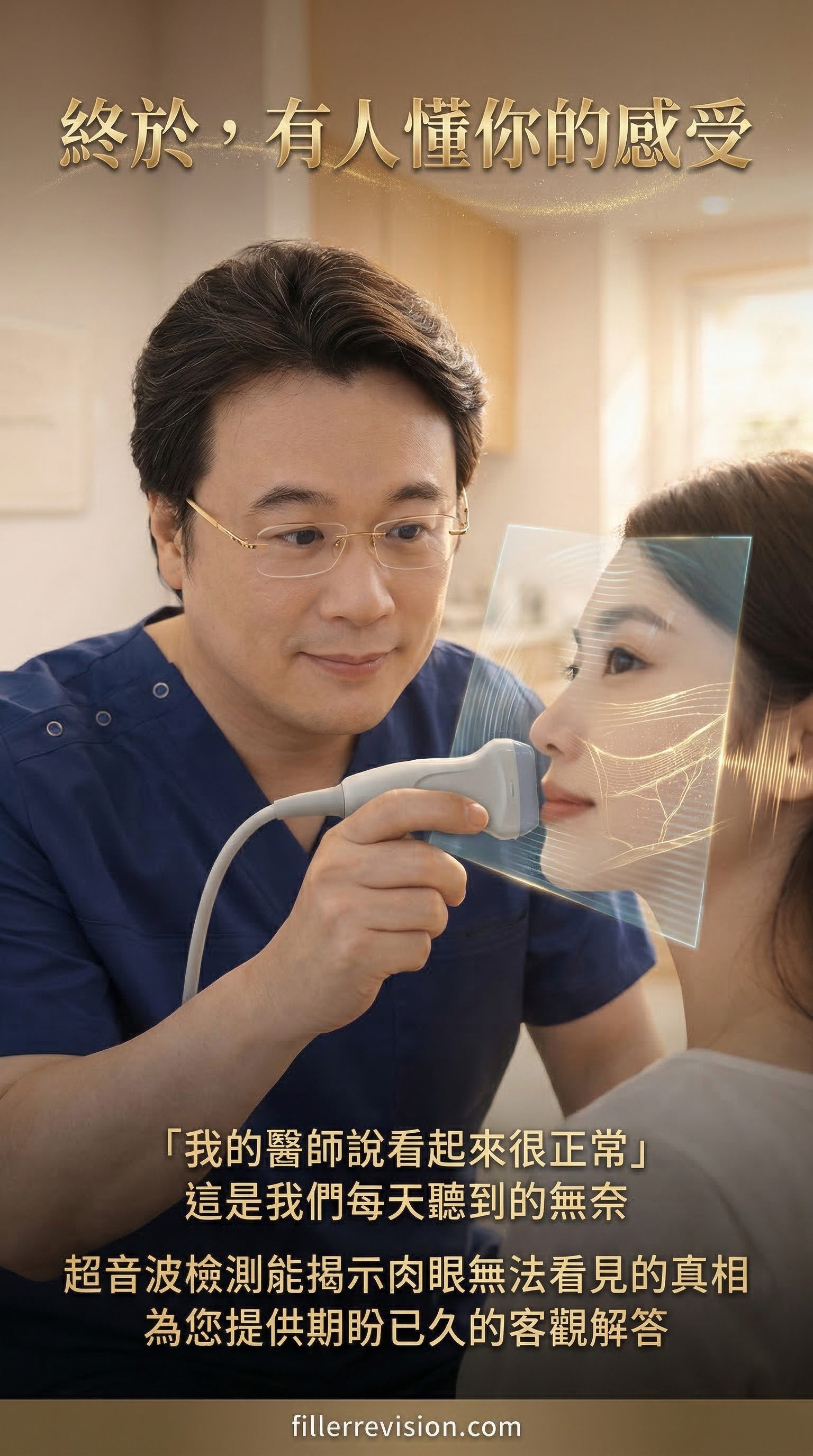 終於,有人懂你的感受 — 「看起來很正常」,但你摸得到、也感覺得到。超音波能看見外觀看不出來的填充物位置與狀態。