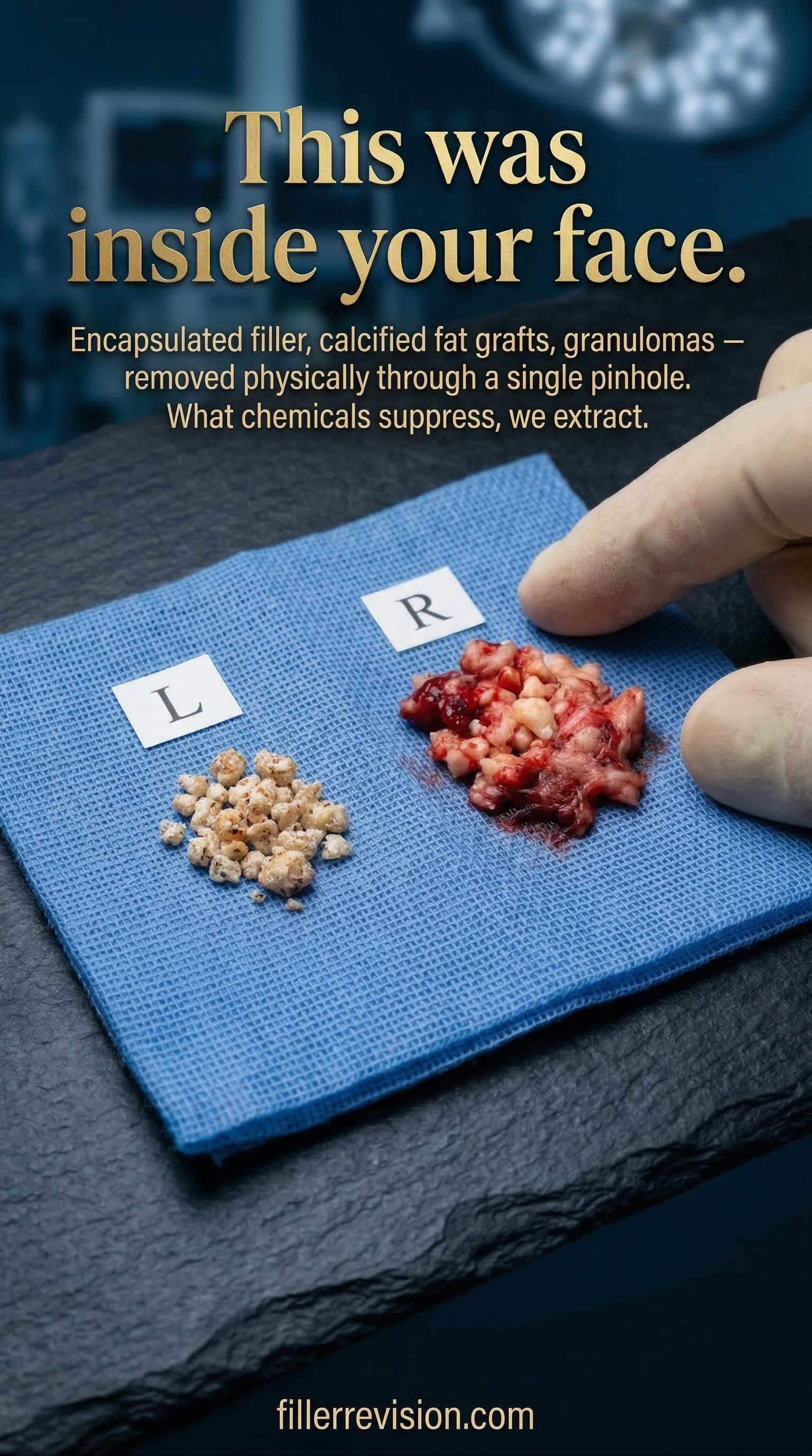 This was inside your face. — Encapsulated filler, calcified fat grafts, granulomas — removed physically through a single pinhole.