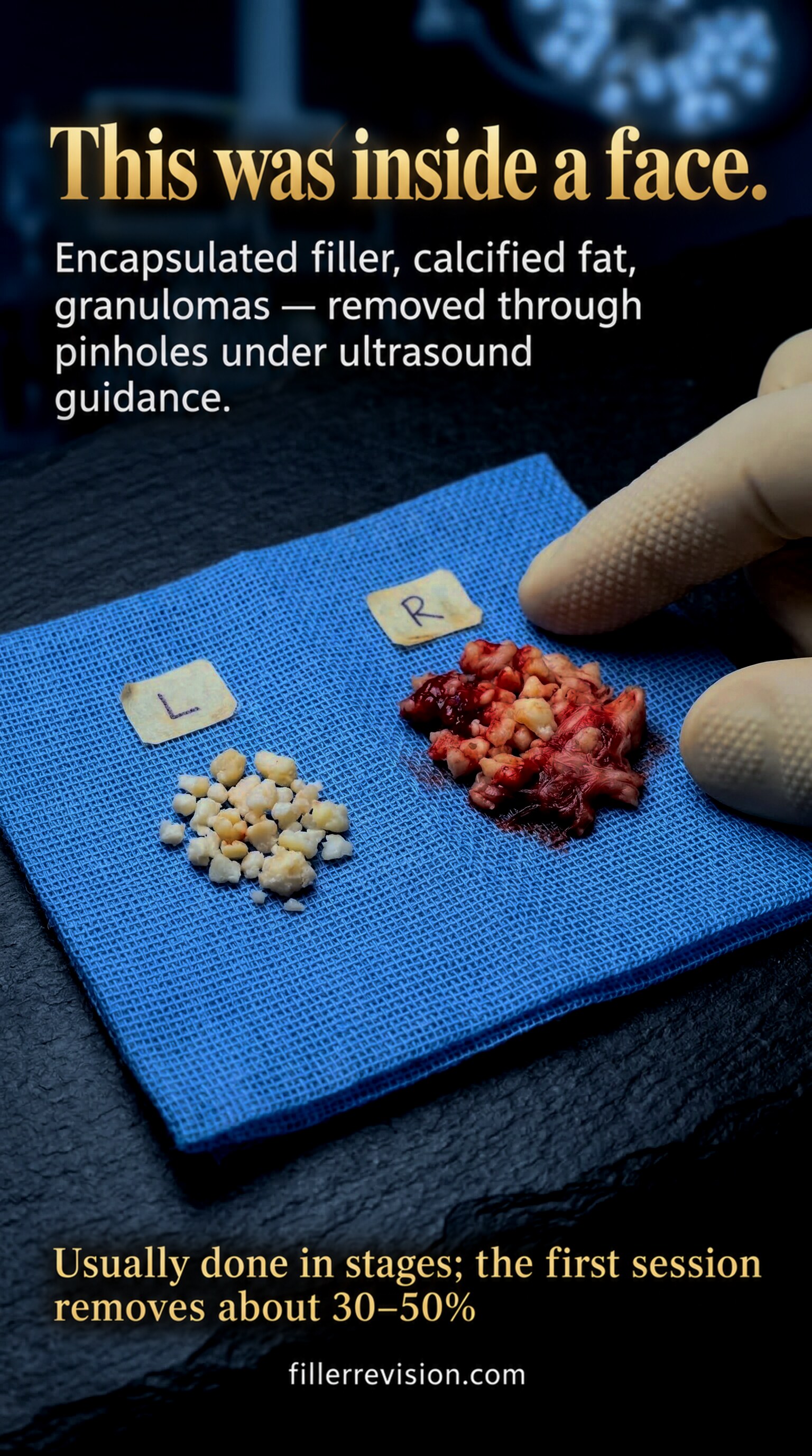 This was inside a face. — Encapsulated filler, calcified fat, granulomas — removed through pinholes under ultrasound guidance. Usually done in stages; the first session removes about 30–50%.
