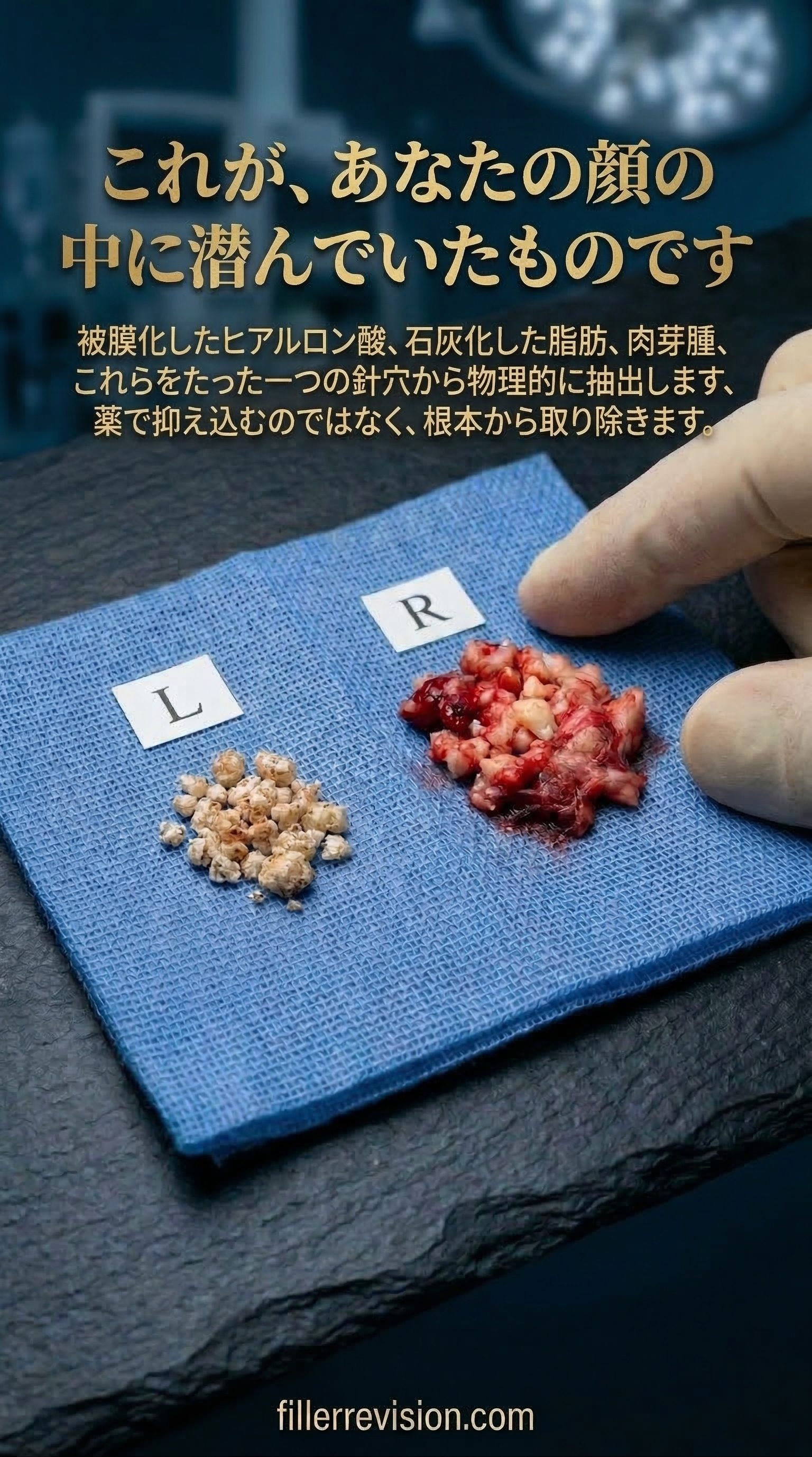 これが、あなたの顔の中に潜んでいたものです — 被膜化したヒアルロン酸、石灰化した脂肪、肉芽腫——これらをたった一つの針穴から物理的に抽出します。