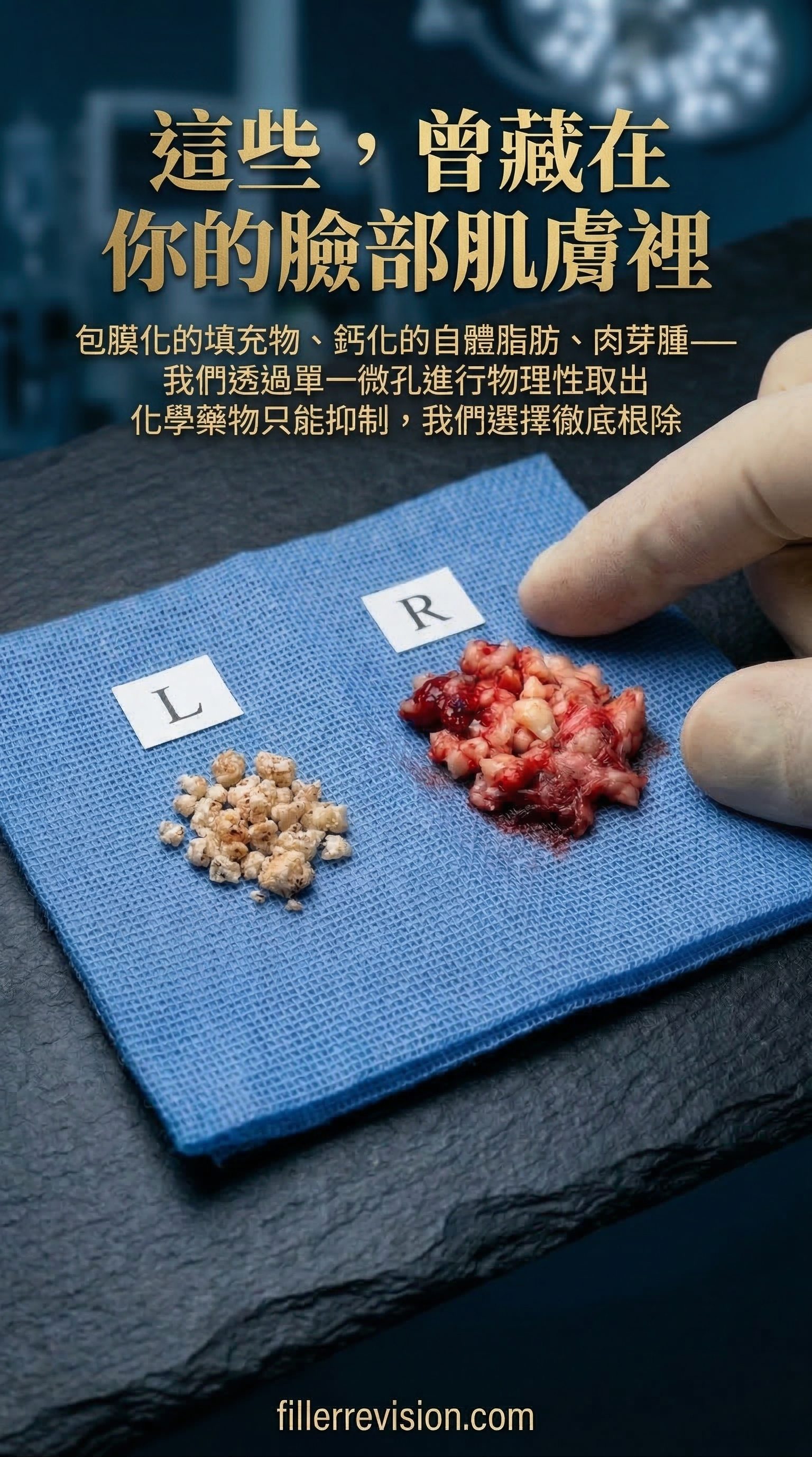 這些，曾藏在你的臉部肌膚裡 — 包膜化的填充物、鈣化的自體脂肪、肉芽腫——我們透過單一微孔進行物理性取出。