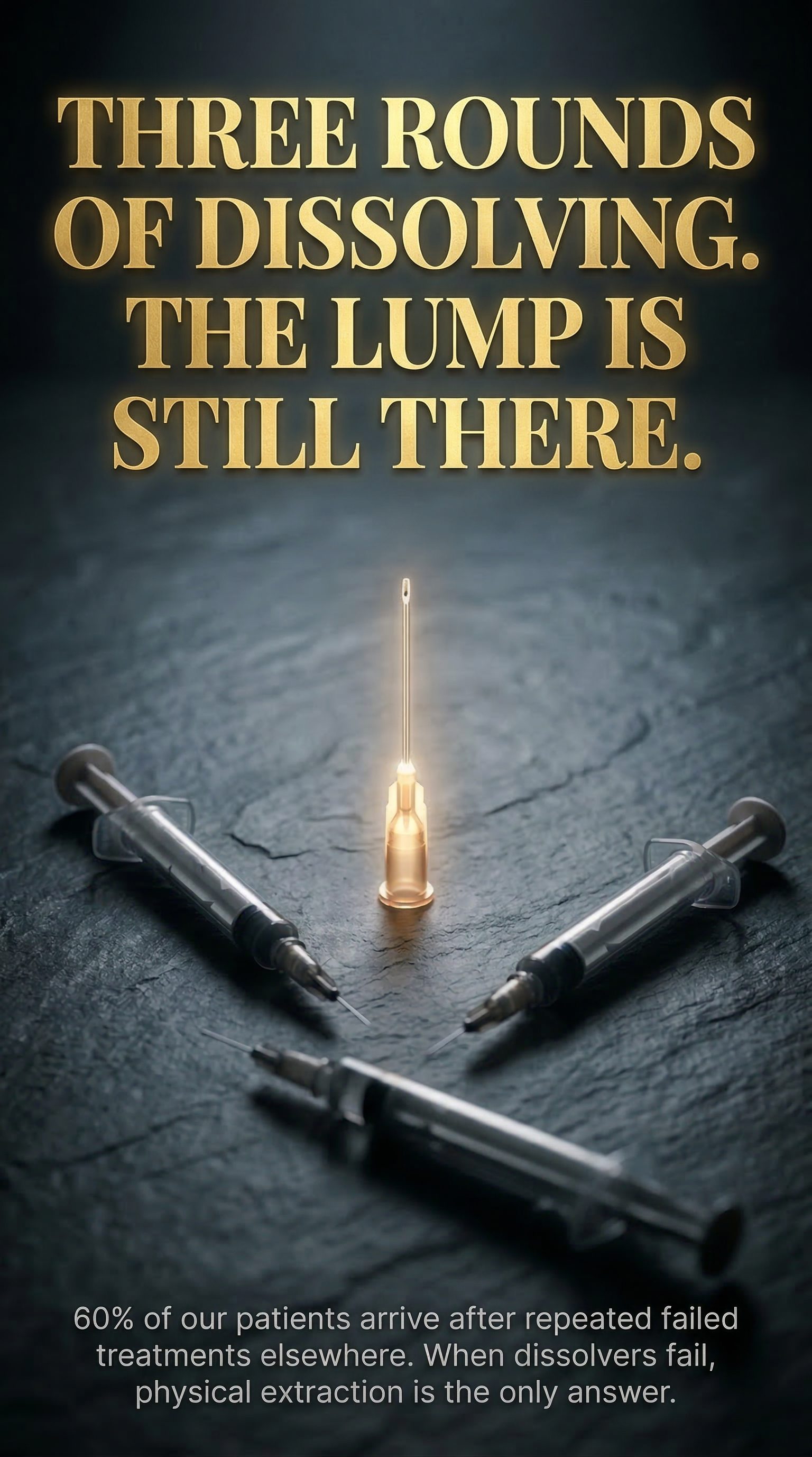 Three rounds of dissolving. The lump is still there. — 60% of our patients arrive after repeated failed treatments elsewhere. When dissolvers fail, physical extraction is the only answer.