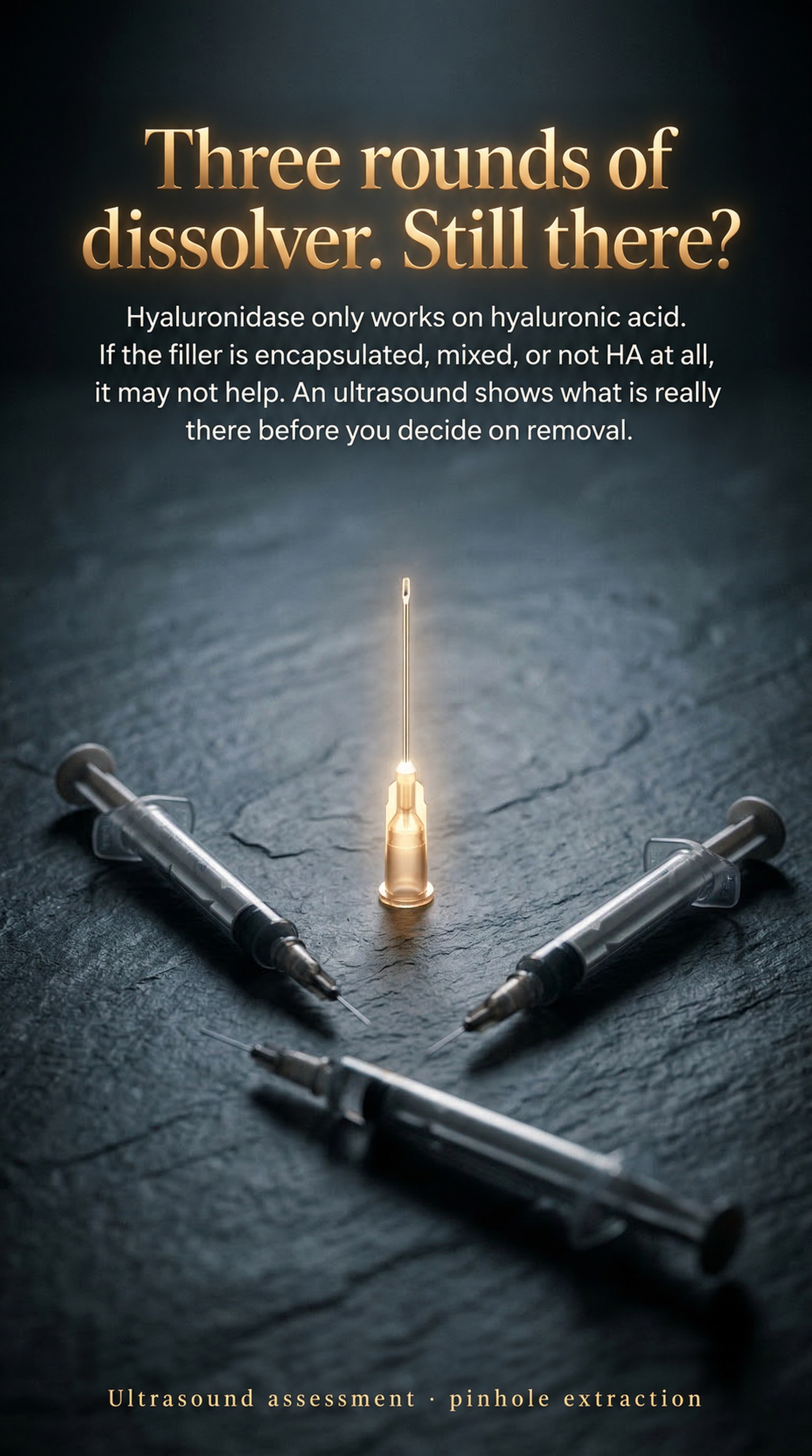 Three rounds of dissolver. Still there? — Hyaluronidase only works on hyaluronic acid. If the filler is encapsulated, mixed, or not HA at all, it may not help. An ultrasound shows what is really there before you decide on removal.