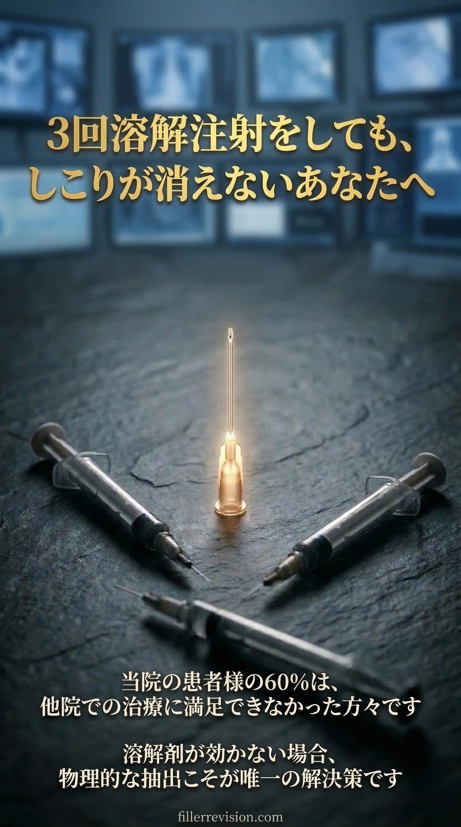 3回溶解注射をしても、しこりが消えないあなたへ — 当院の患者様の60%は、他院での治療に満足できなかった方々です。溶解剤が効かない場合、物理的な抽出こそが唯一の解決策です。