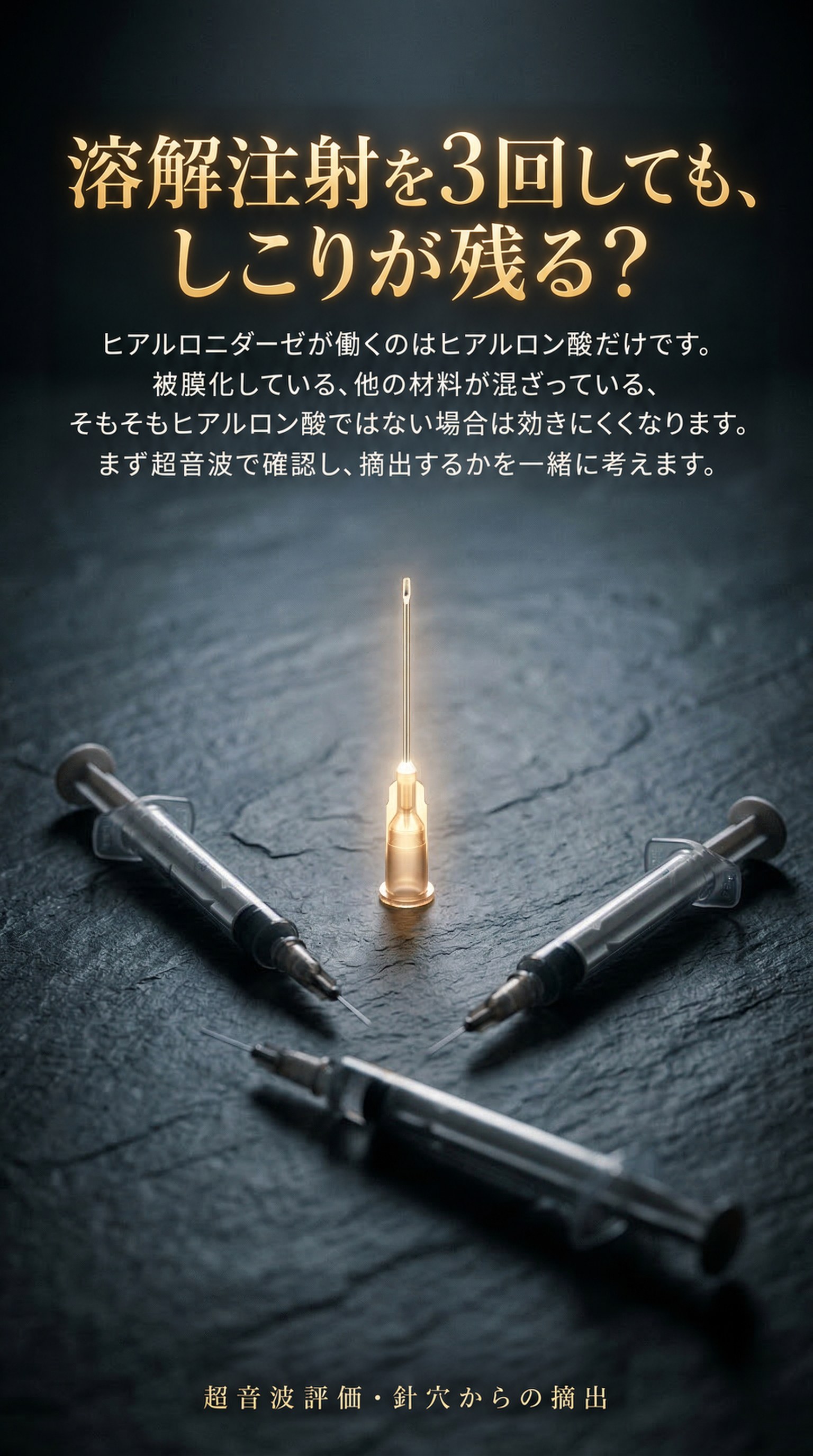 溶解注射を3回しても、しこりが残る? — ヒアルロニダーゼが働くのはヒアルロン酸だけです。被膜化している、他の材料が混ざっている、そもそもヒアルロン酸ではない場合は効きにくくなります。まず超音波で確認し、摘出するかを一緒に考えます。