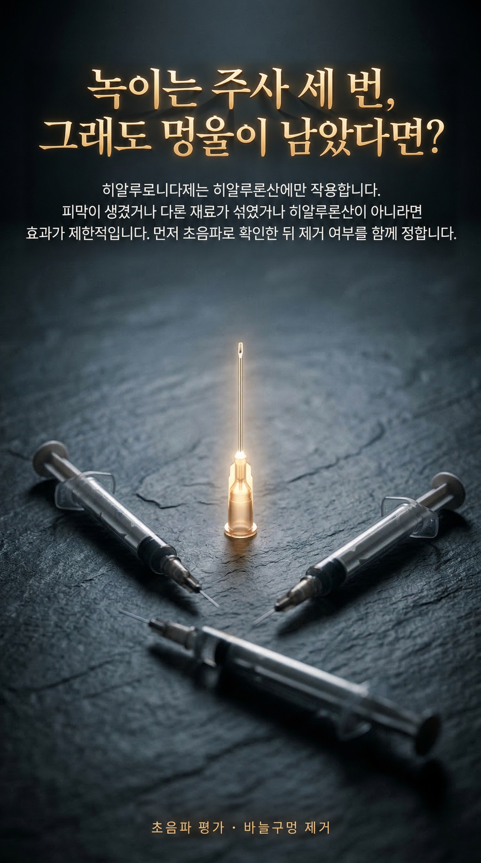 녹이는 주사 세 번, 그래도 멍울이 남았다면? — 히알루로니다제는 히알루론산에만 작용합니다. 피막이 생겼거나 다른 재료가 섞였거나 히알루론산이 아니라면 효과가 제한적입니다. 먼저 초음파로 확인한 뒤 제거 여부를 함께 정합니다.