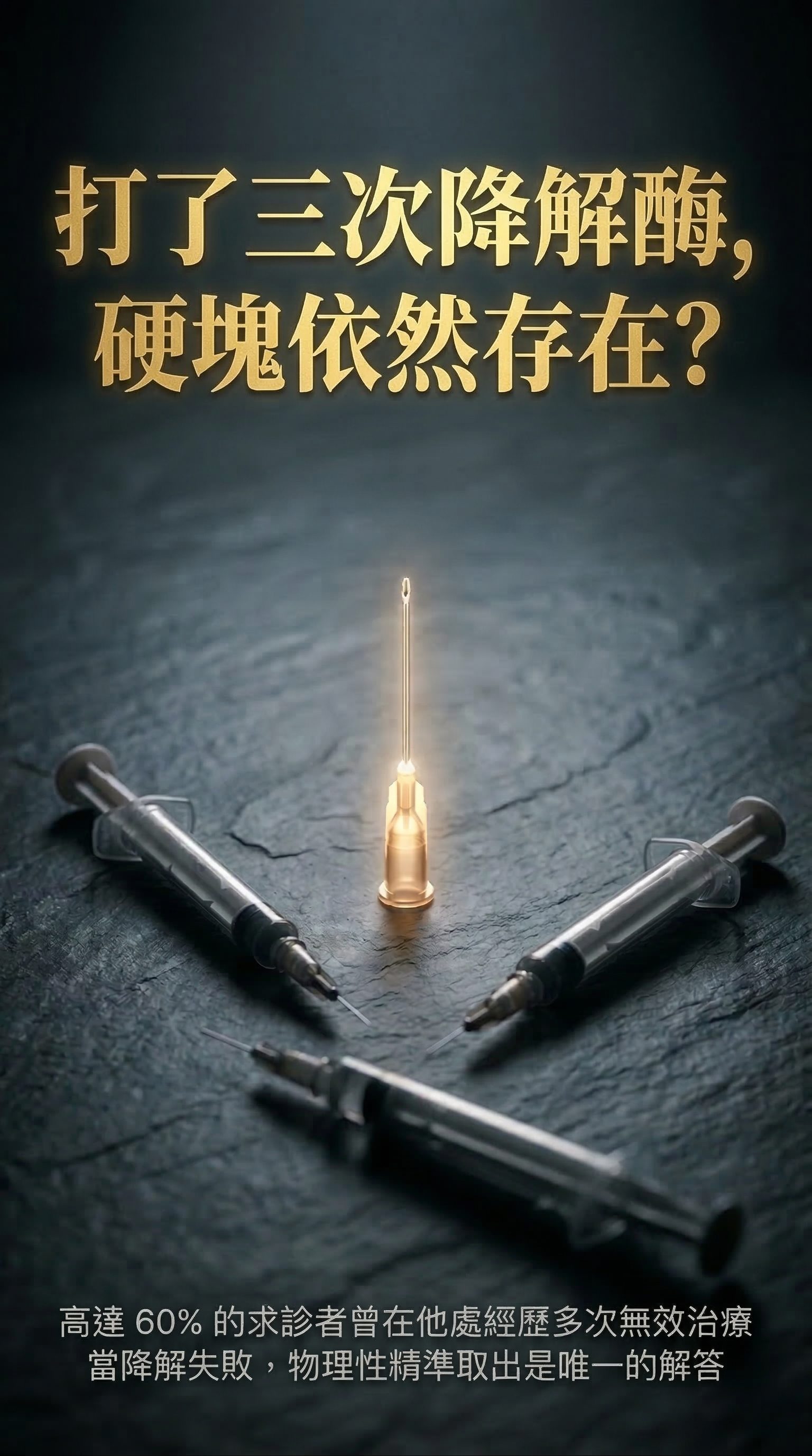 打了三次降解酶，硬塊依然存在？ — 高達 60% 的求診者曾在他處經歷多次無效治療。當降解失敗，物理性精準取出是唯一的解答。