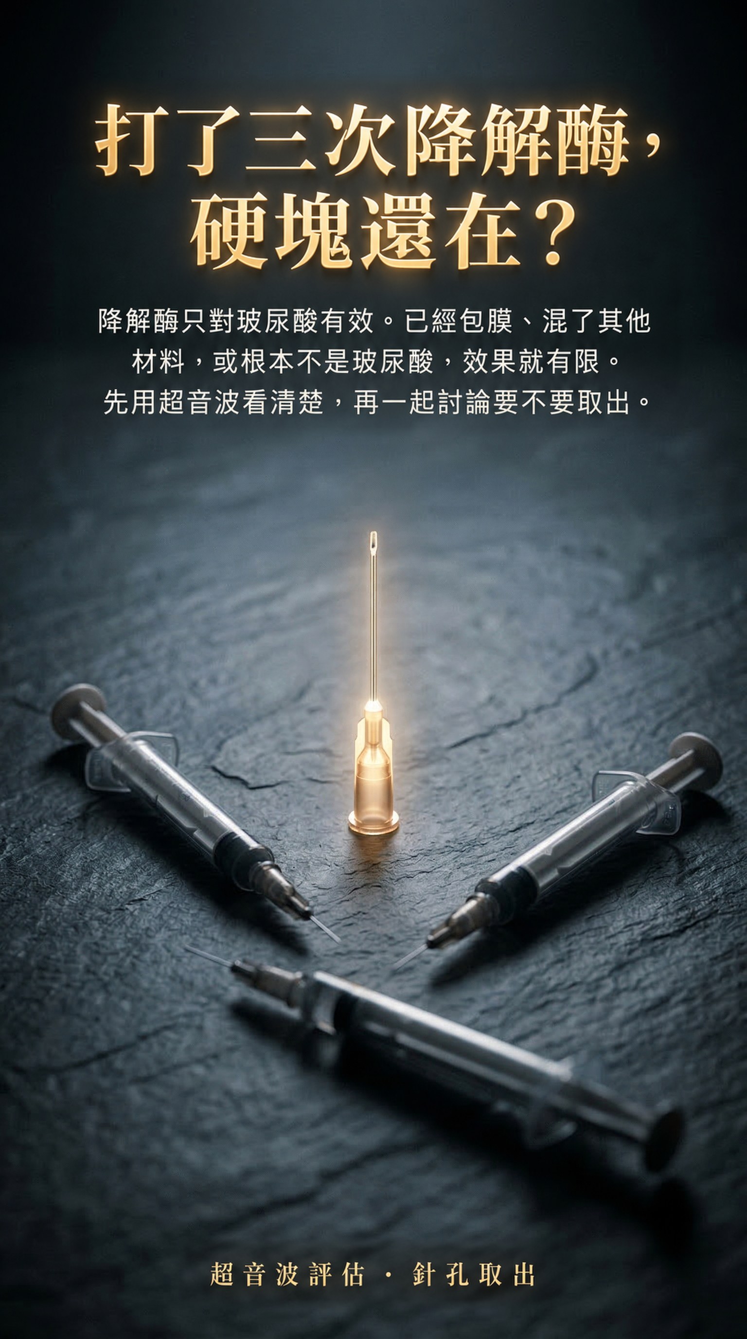 打了三次降解酶,硬塊還在? — 降解酶只對玻尿酸有效。已經包膜、混了其他材料,或根本不是玻尿酸,效果就有限。先用超音波看清楚,再一起討論要不要取出。