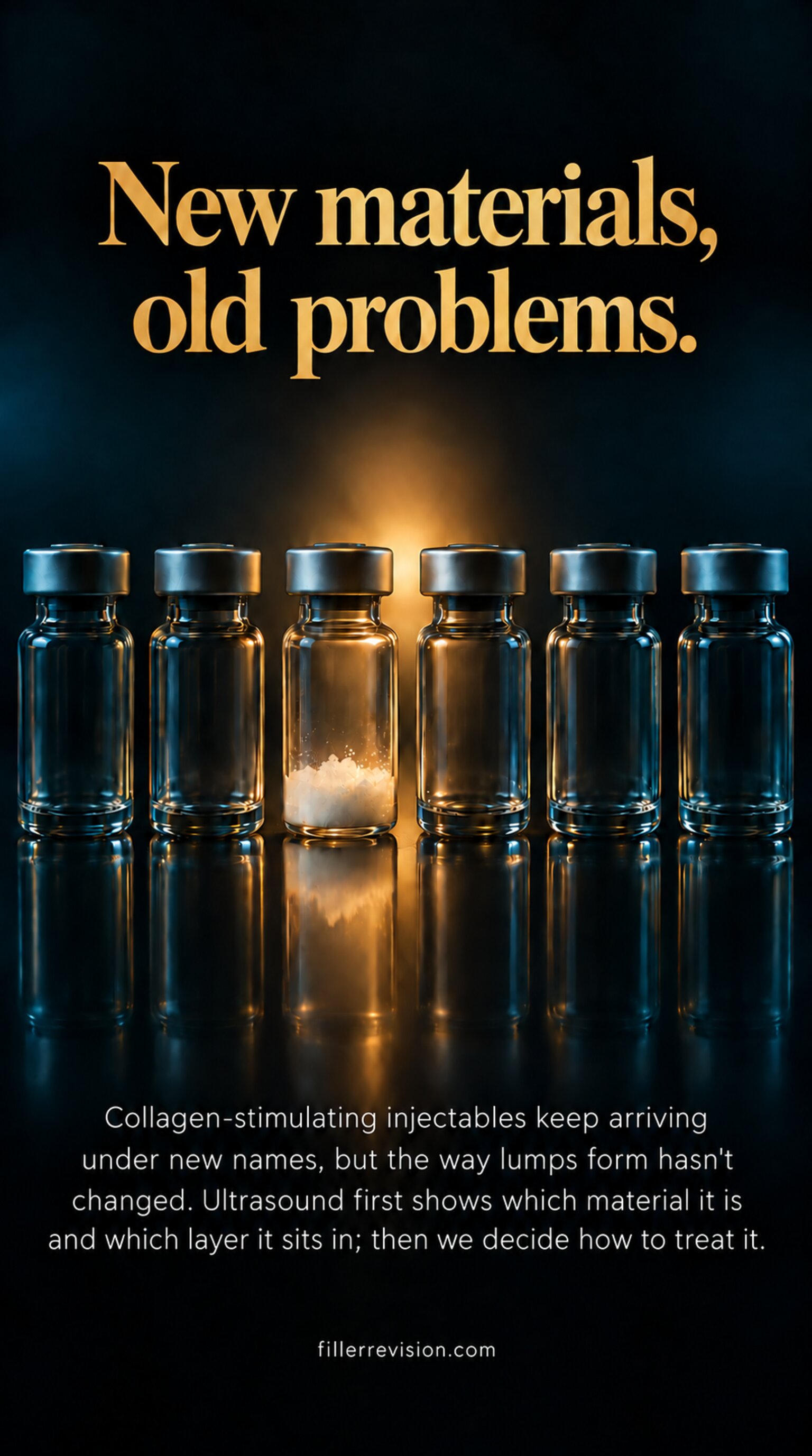 New materials, old problems. — Collagen-stimulating injectables keep arriving under new names, but the way lumps form hasn't changed. Ultrasound first shows which material it is and which layer it sits in; then we decide how to treat it.