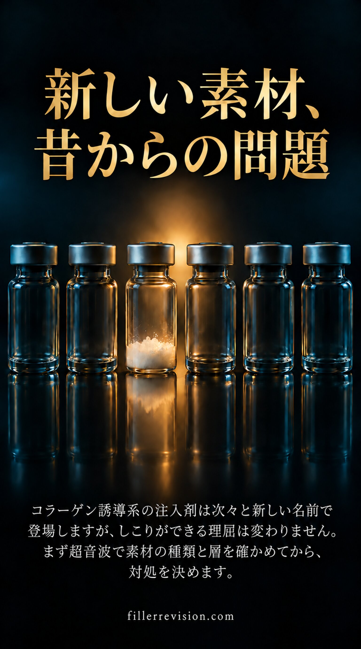 新しい素材、昔からの問題 — コラーゲン誘導系の注入剤は次々と新しい名前で登場しますが、しこりができる理屈は変わりません。まず超音波で素材の種類と層を確かめてから、対処を決めます。