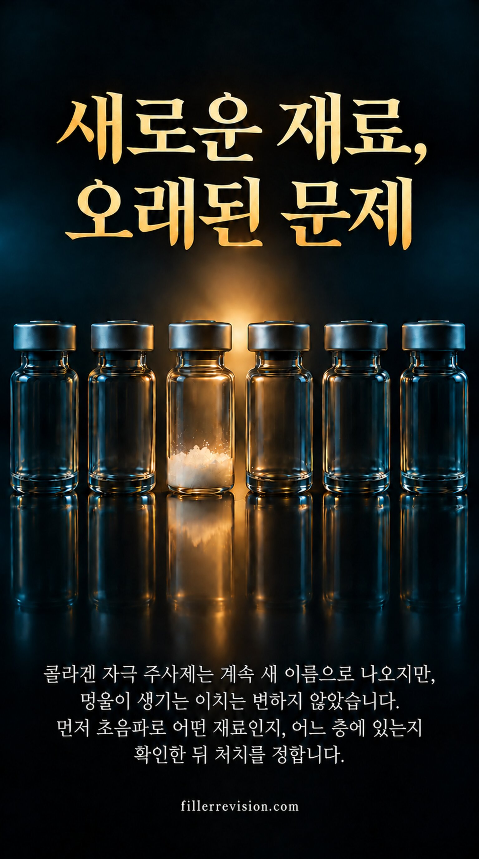 새로운 재료, 오래된 문제 — 콜라겐 자극 주사제는 계속 새 이름으로 나오지만, 멍울이 생기는 이치는 변하지 않았습니다. 먼저 초음파로 어떤 재료인지, 어느 층에 있는지 확인한 뒤 처치를 정합니다.