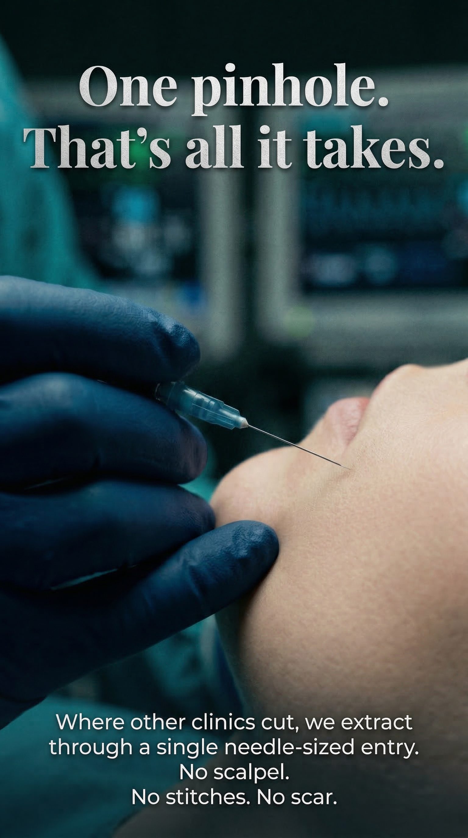 A 2 mm pinhole. No incision. — Ultrasound shows where the filler sits; we remove it through a pinhole — no incision, no stitches. Larger areas are treated in zones or stages, still through pinholes. The pinhole heals in about 2 weeks; swelling and bruising settle in about 2–3 weeks.