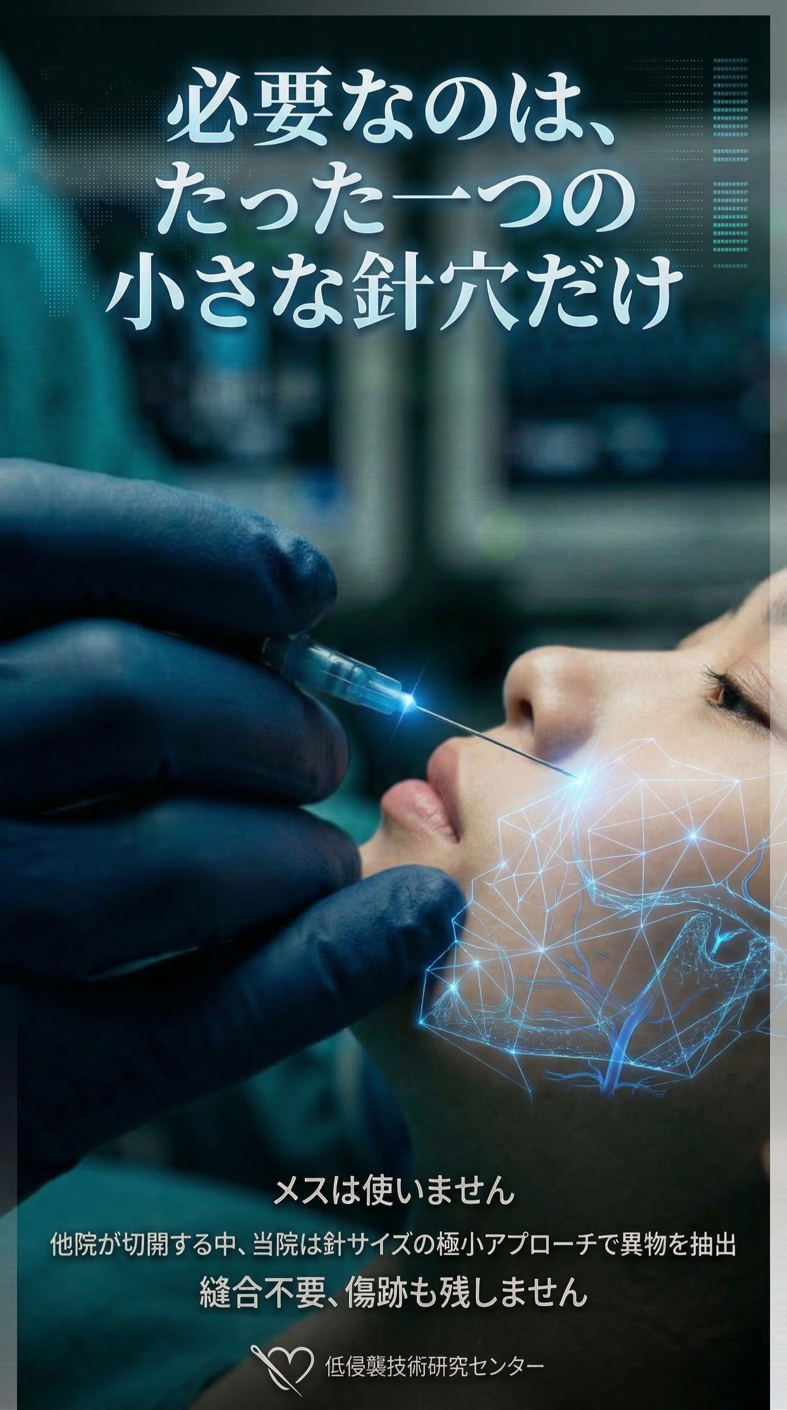 必要なのは、たった一つの小さな針穴だけ — メスは使いません。他院が切開する中、当院は針サイズの極小アプローチで異物を抽出。縫合不要、傷跡も残しません。