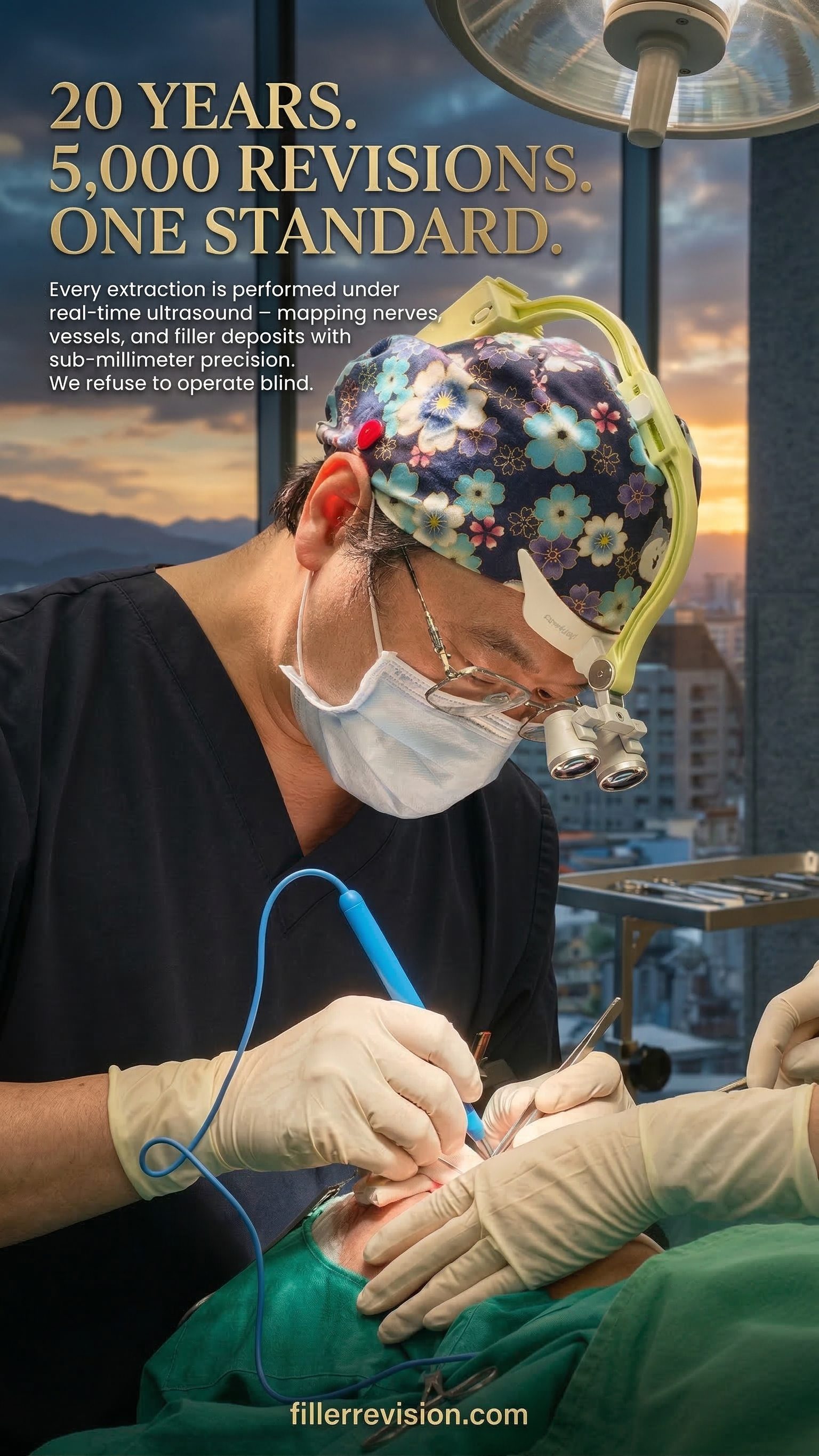 20 years. 5,000 revisions. One standard. — Every extraction is performed under real-time ultrasound — mapping nerves, vessels, and filler deposits with sub-millimeter precision.