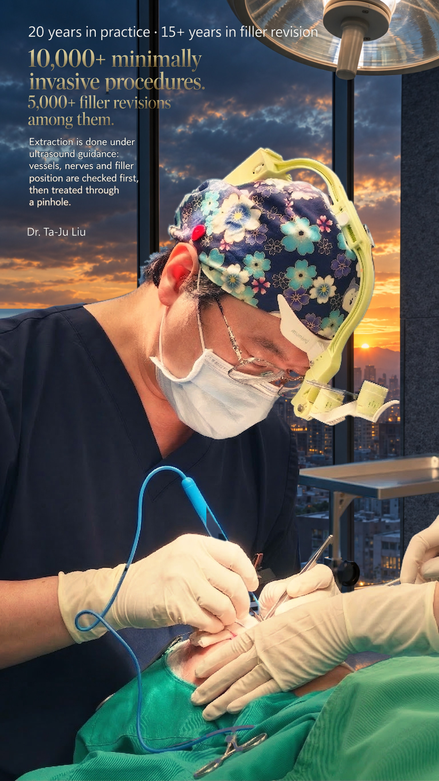 10,000+ minimally invasive procedures. 5,000+ filler revisions among them. — 20 years in practice, 15+ years in filler revision. Extraction is done under ultrasound guidance: vessels, nerves and filler position are checked first, then treated through a pinhole.