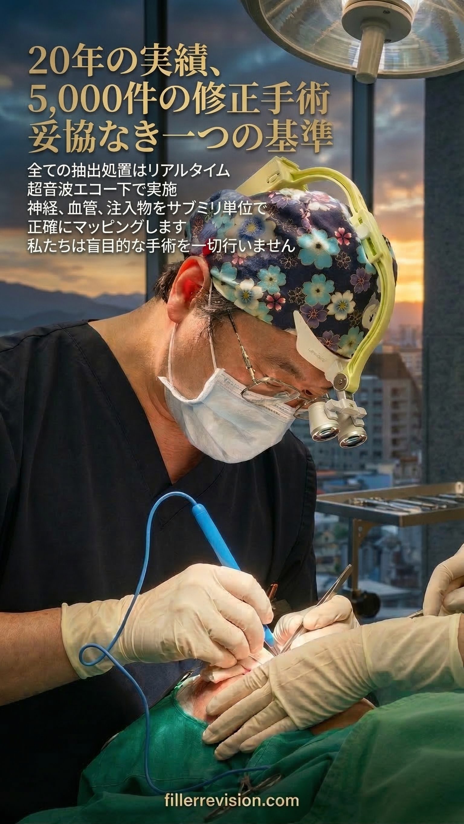 20年の実績、5,000件の修正手術。妥協なき一つの基準。 — 全ての抽出処置はリアルタイム超音波エコー下で実施。神経、血管、注入物をサブミリ単位で正確にマッピングします。