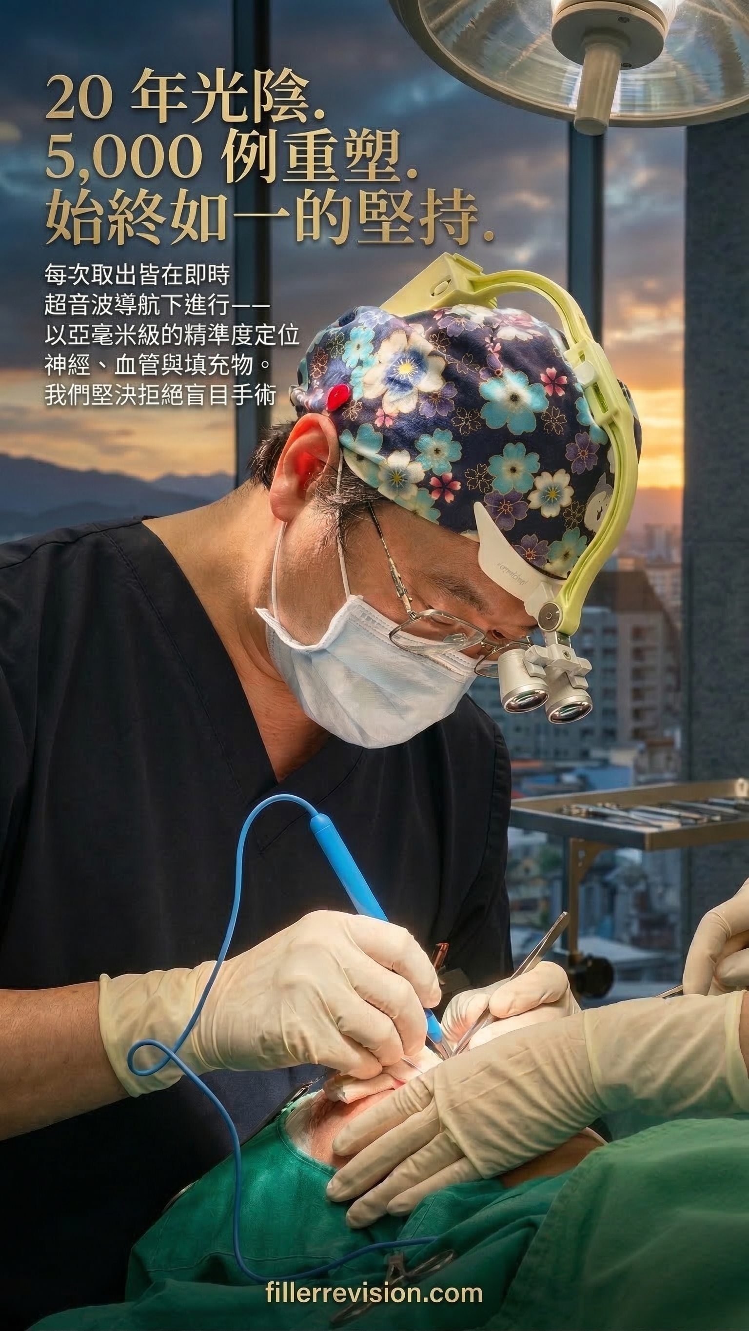 20 年光陰，5,000 例重塑，始終如一的堅持 — 每次取出皆在即時超音波導航下進行——以亞毫米級的精準度定位神經、血管與填充物。
