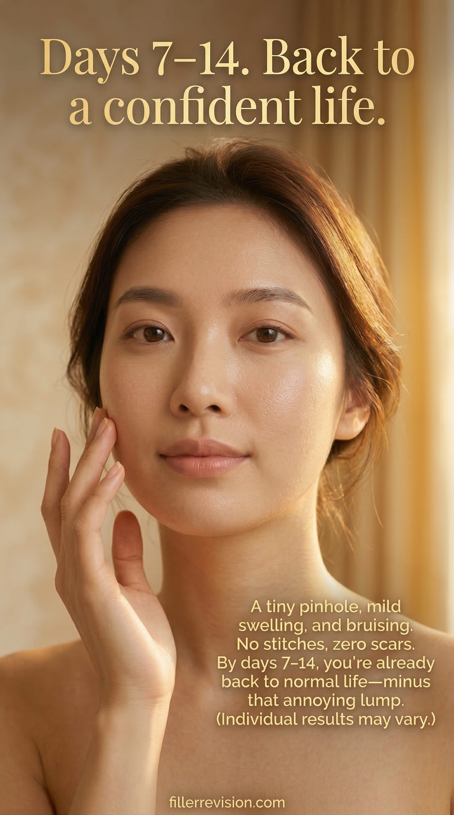 Days 7–14. Back to a confident life. — A tiny pinhole, mild swelling, and bruising. No stitches, zero scars. By days 7–14, you're already back to normal life — minus that annoying lump.