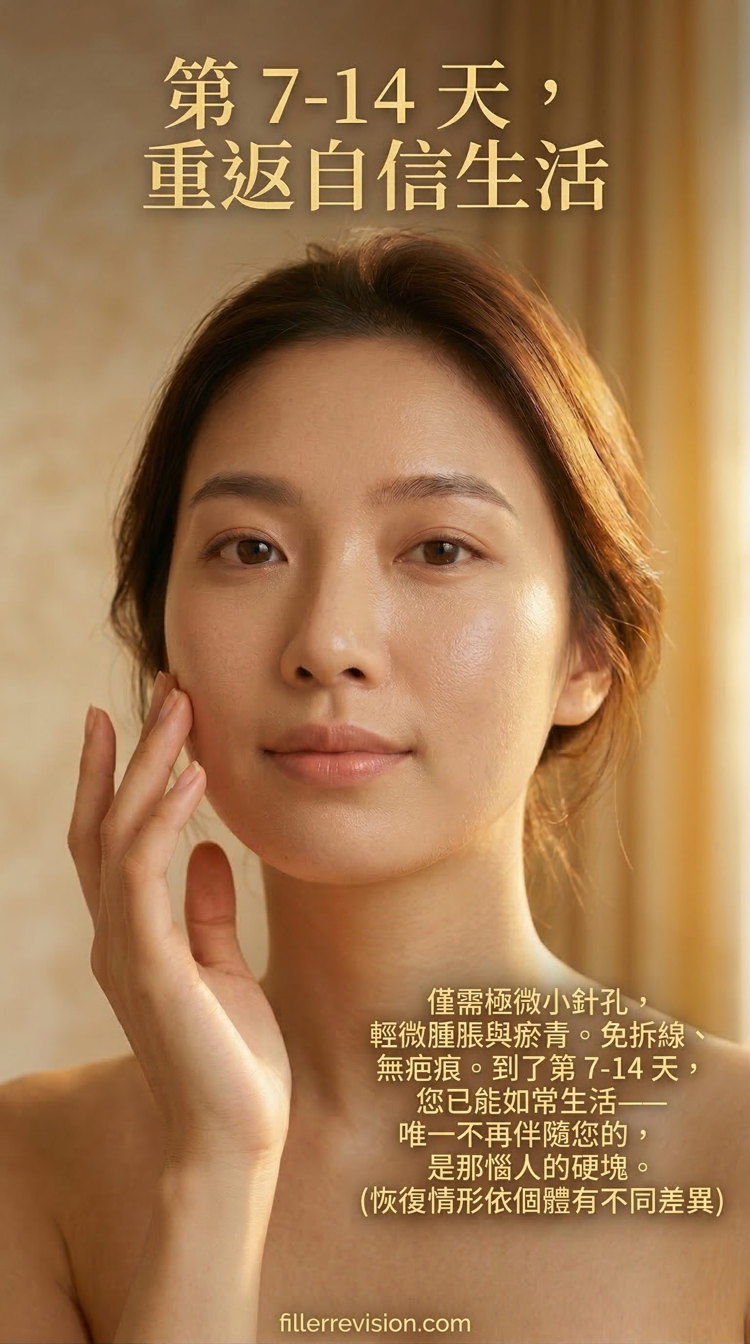 第 7-14 天,重返自信生活 — 僅需極微小針孔,輕微腫脹與瘀青。免拆線、無疤痕。到了第 7-14 天,您已能如常生活——唯一不再伴隨您的,是那惱人的硬塊。