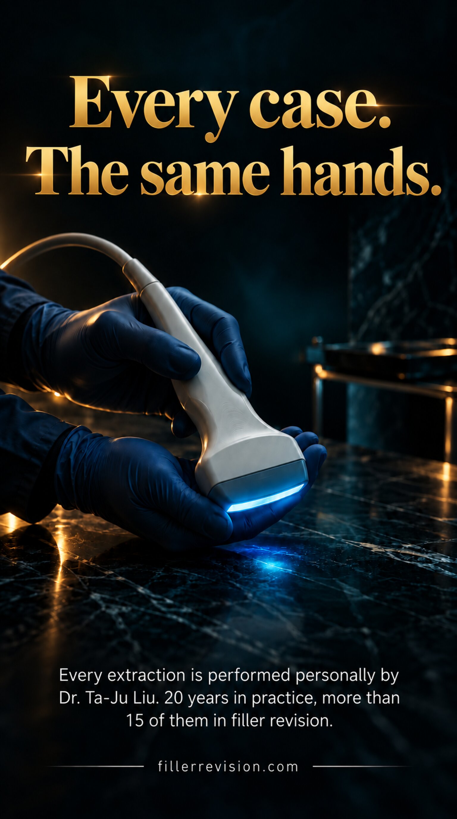 Every case. The same hands. — Every extraction is performed personally by Dr. Ta-Ju Liu. 20 years in practice, more than 15 of them in filler revision.