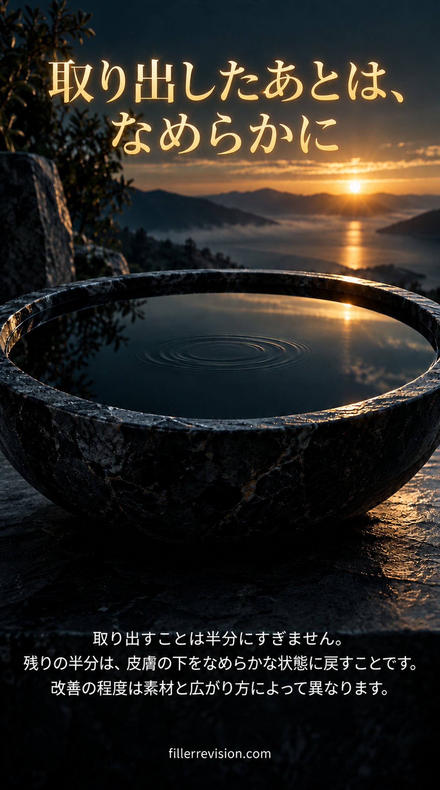 取り出したあとは、なめらかに — 取り出すことは半分にすぎません。残りの半分は、皮膚の下をなめらかな状態に戻すことです。改善の程度は素材と広がり方によって異なります。