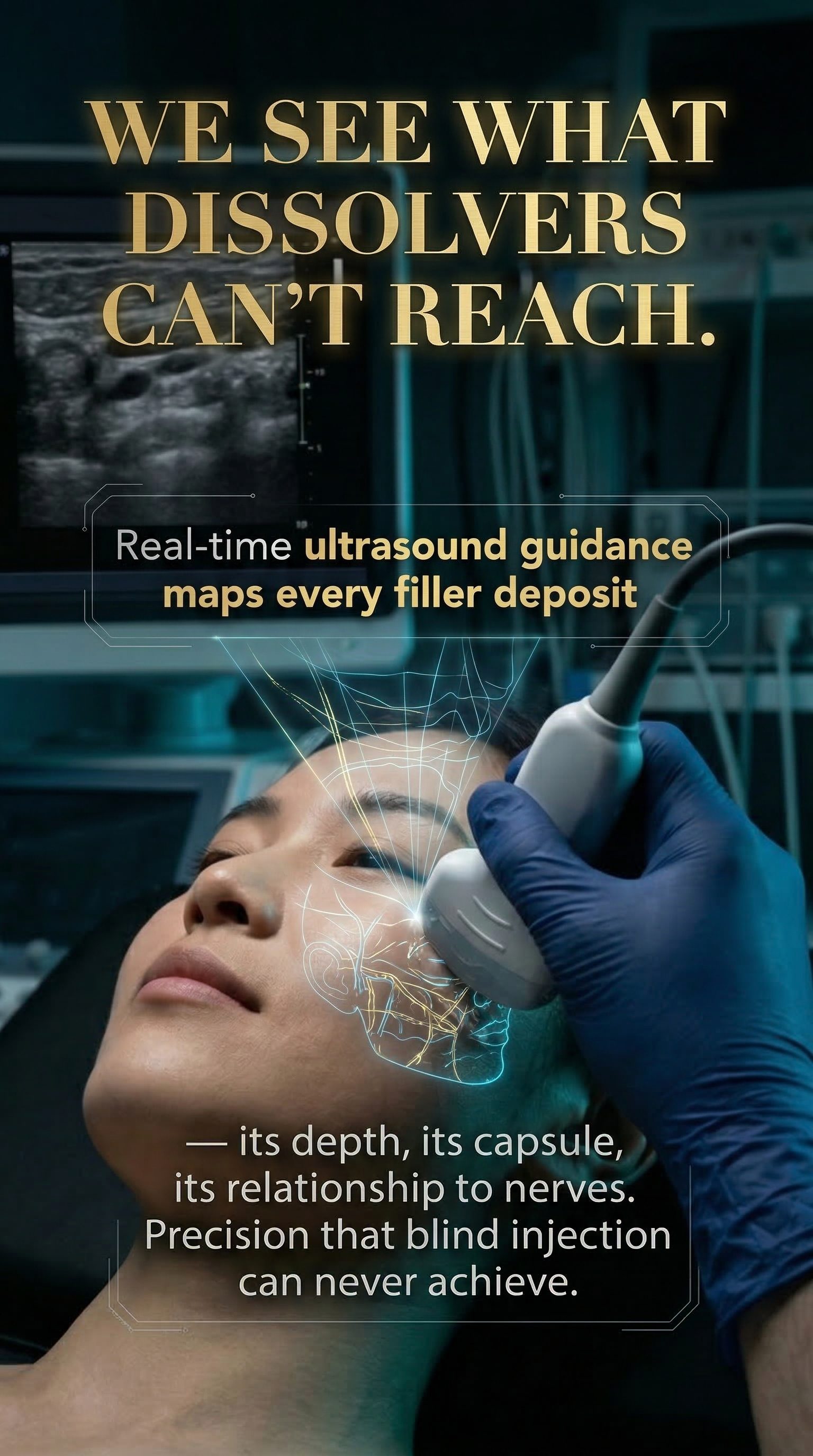 We see what dissolvers can't reach. — Real-time ultrasound guidance maps every filler deposit — its depth, its capsule, its relationship to nerves.