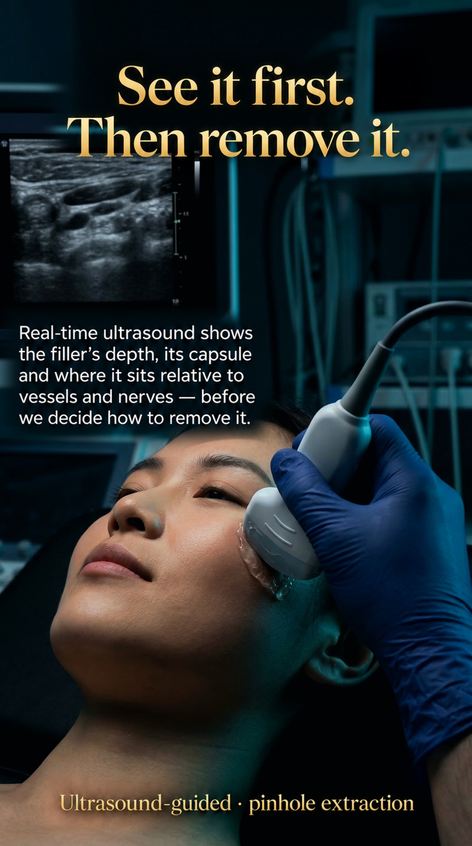 See it first. Then remove it. — Real-time ultrasound shows the filler's depth, its capsule and where it sits relative to vessels and nerves — before we decide how to remove it.