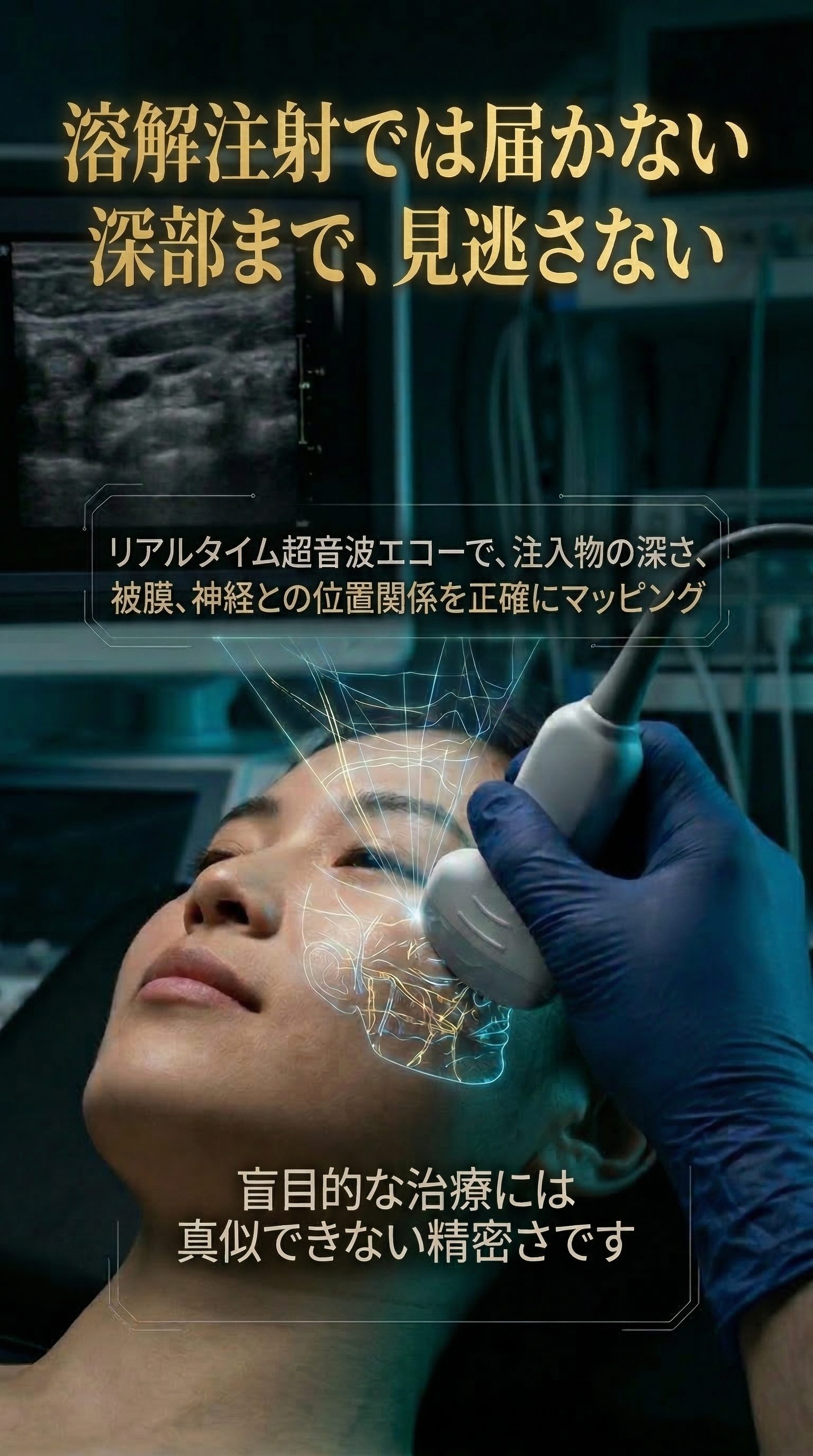 溶解注射では届かない深部まで、見逃さない — リアルタイム超音波エコーで、注入物の深さ、被膜、神経との位置関係を正確にマッピング。