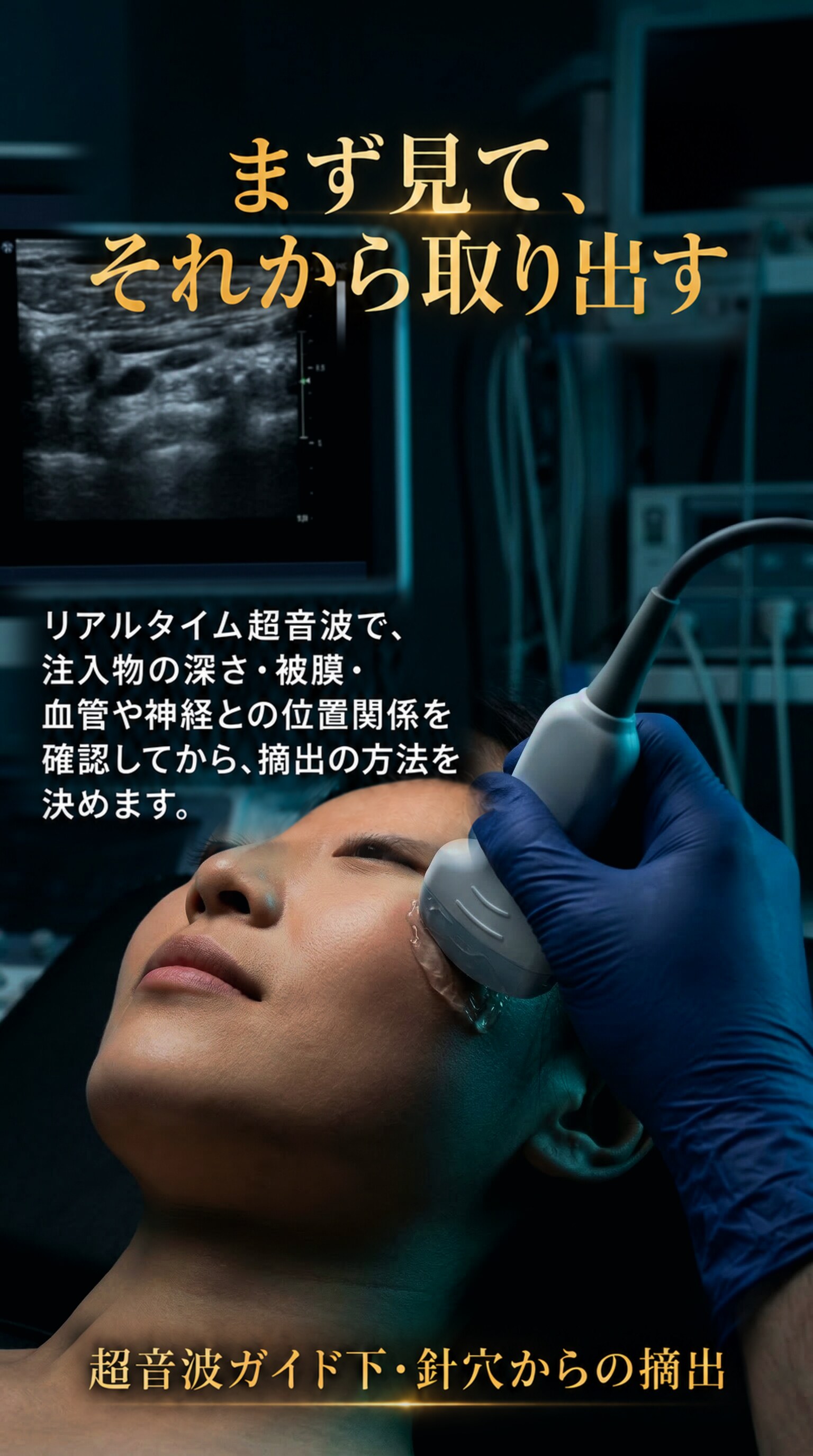 まず見て、それから取り出す — リアルタイム超音波で、注入物の深さ・被膜・血管や神経との位置関係を確認してから、摘出の方法を決めます。