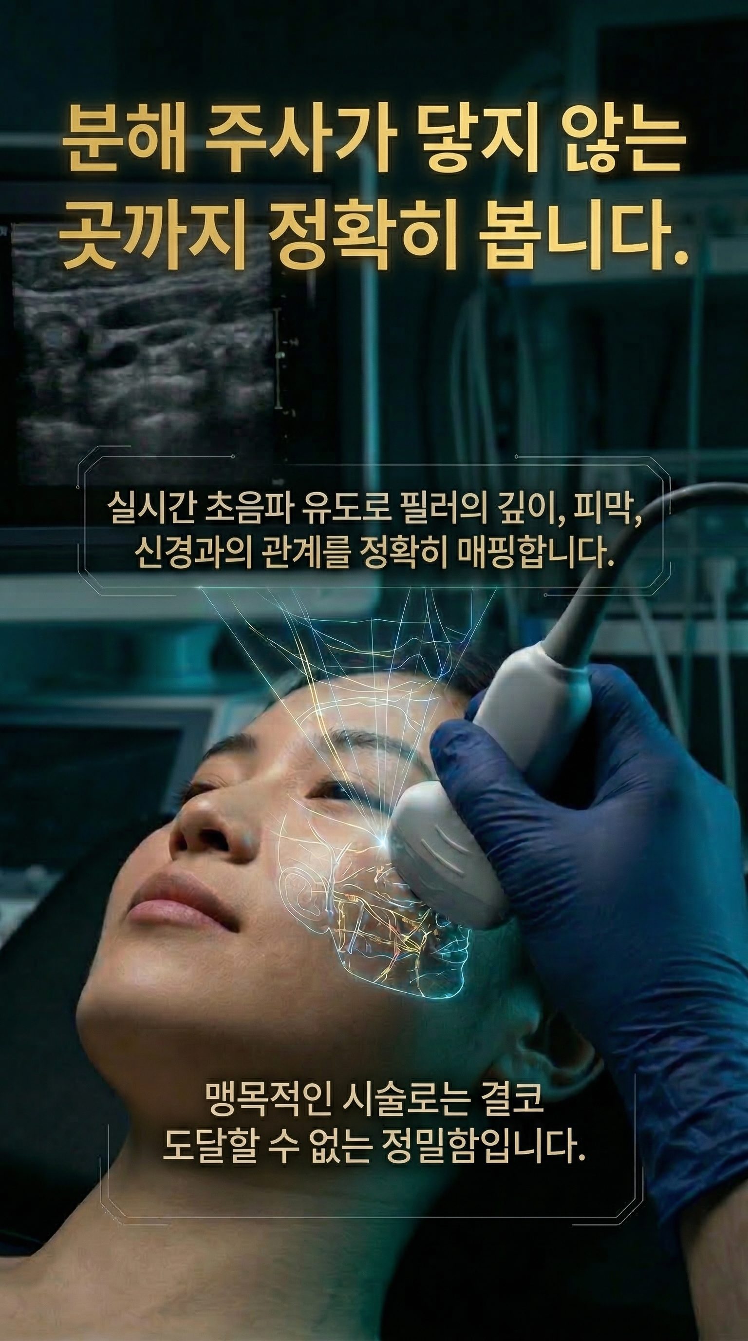 분해 주사가 닿지 않는 곳까지 정확히 봅니다. — 실시간 초음파 유도로 필러의 깊이, 피막, 신경과의 관계를 정확히 매핑합니다.