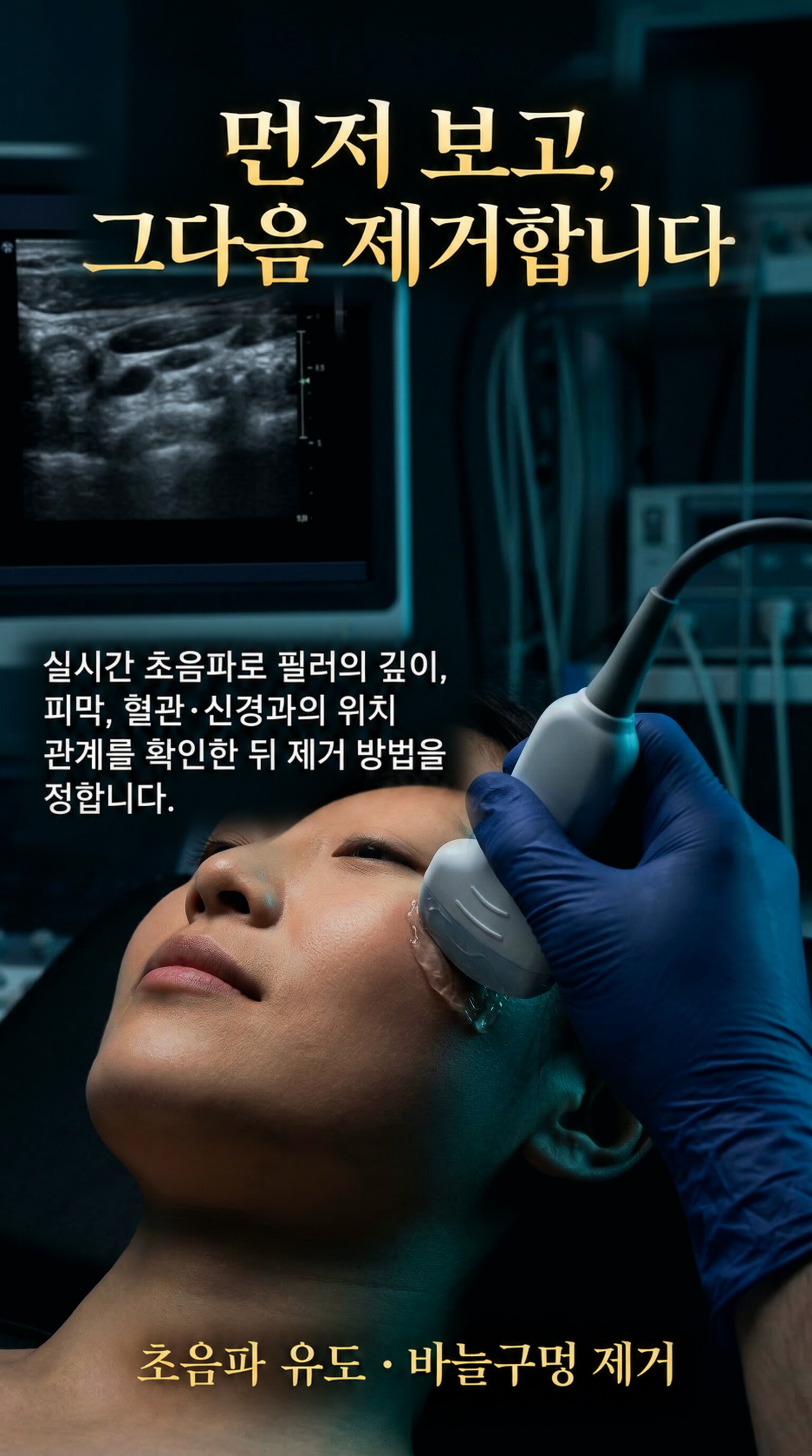 먼저 보고, 그다음 제거합니다 — 실시간 초음파로 필러의 깊이, 피막, 혈관·신경과의 위치 관계를 확인한 뒤 제거 방법을 정합니다.