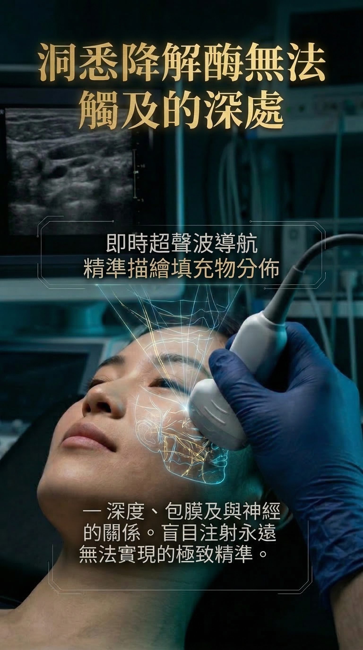 洞悉降解酶無法觸及的深處 — 即時超音波導航,精準定位每一處填充物——深度、包膜及與神經的關聯。
