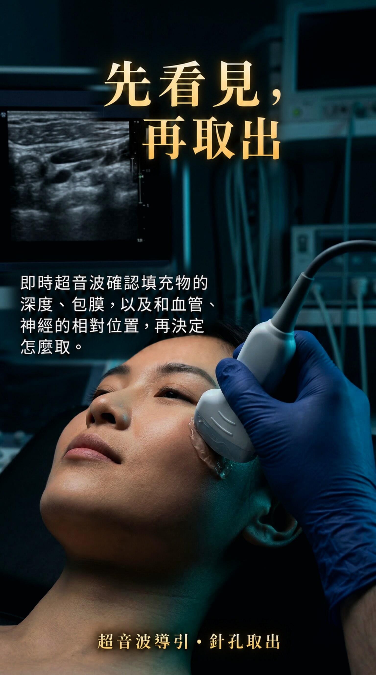 先看見,再取出 — 即時超音波確認填充物的深度、包膜,以及和血管、神經的相對位置,再決定怎麼取。
