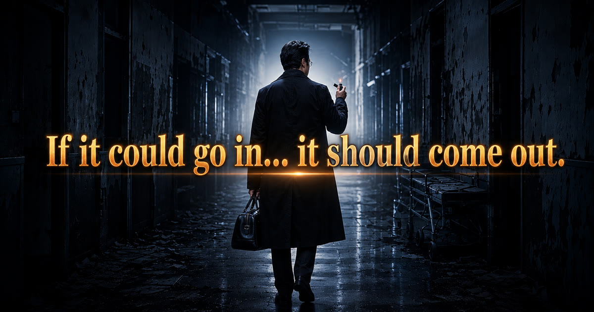 The Filler Exorcist brand film cover — Dr. Ta-Ju Liu walking down a dark hospital corridor carrying a medical bag and a lit lighter, with gold lettering reading "If it could go in... it should come out.", a metaphor for filler removal and filler revision