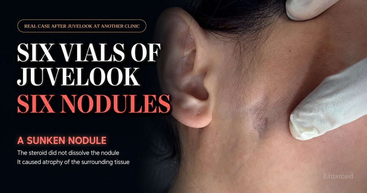 Juvelook nodule case video cover — a sunken nodule in front of the ear at the site that was injected with a steroid, showing the steroid did not dissolve the nodule but atrophied the surrounding tissue