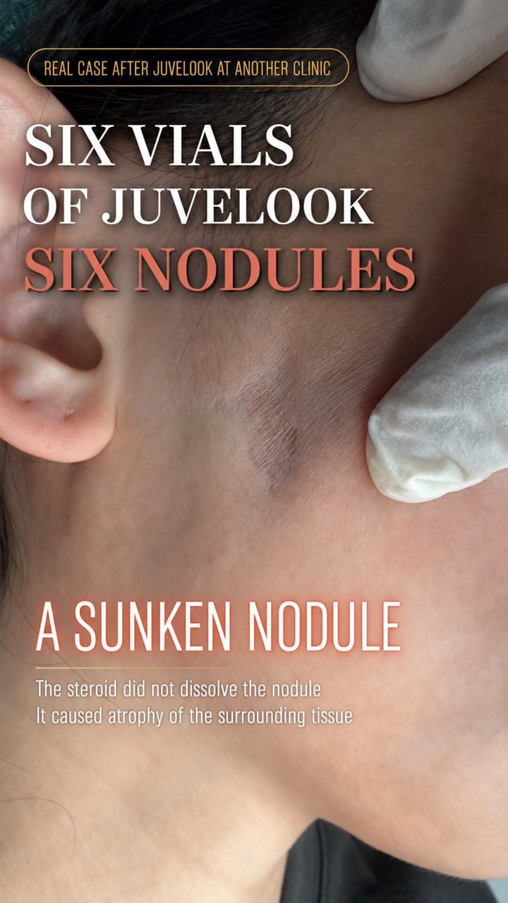 Juvelook nodule case video cover — a sunken nodule in front of the ear at the site that was injected with a steroid, showing the steroid did not dissolve the nodule but atrophied the surrounding tissue