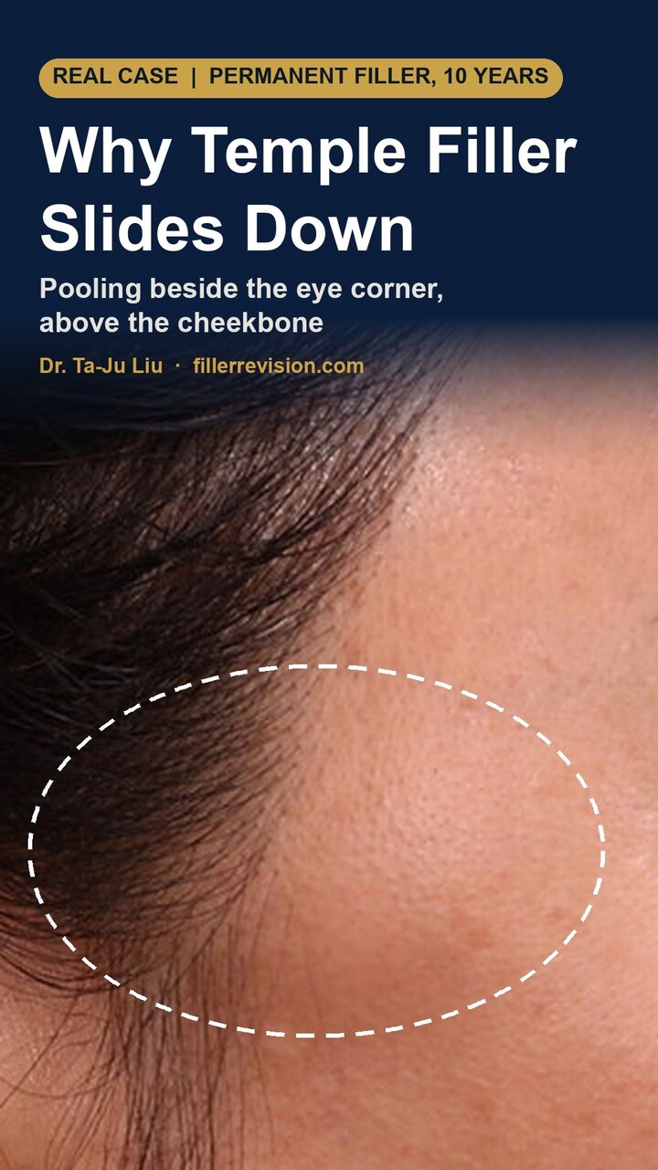 Temple filler migration case video cover: a decade-old permanent filler pooled above the zygomatic arch, beside the outer eye corner, marked with a dashed outline